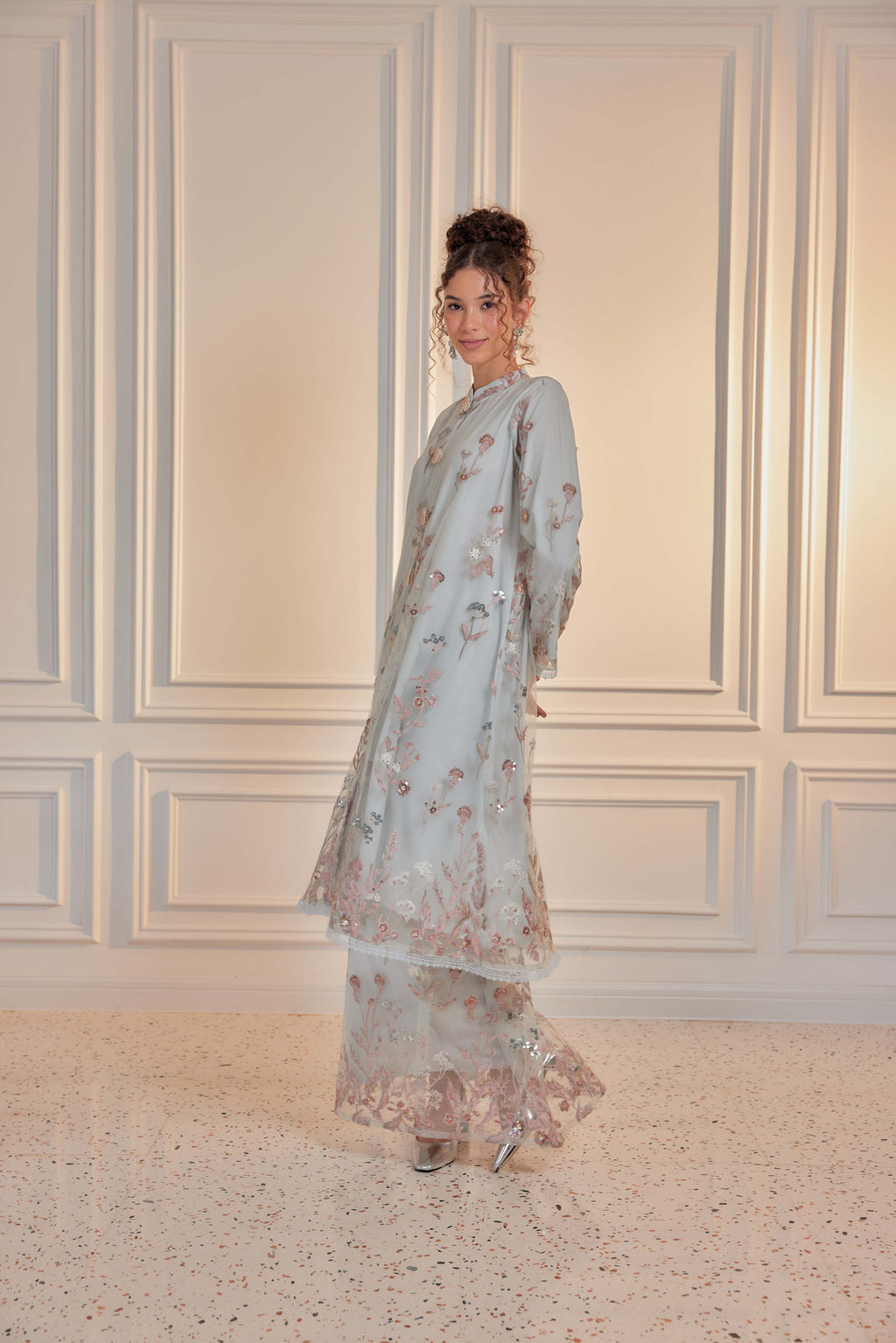 Serene Teal - Dian Embellished Kebarung with Embroidery Lace Trim (Full Lining)