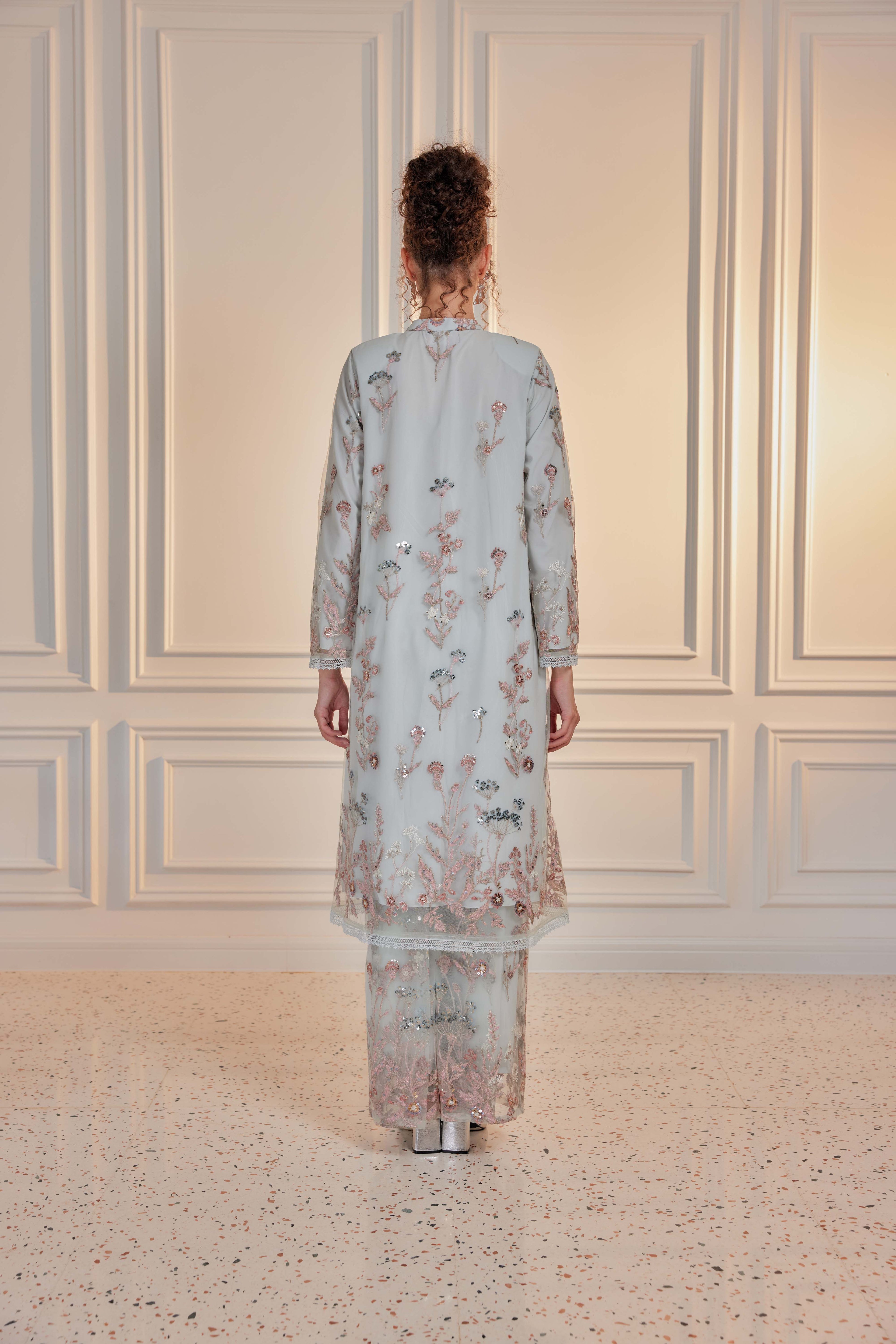 Serene Teal - Dian Embellished Kebarung with Embroidery Lace Trim (Full Lining)