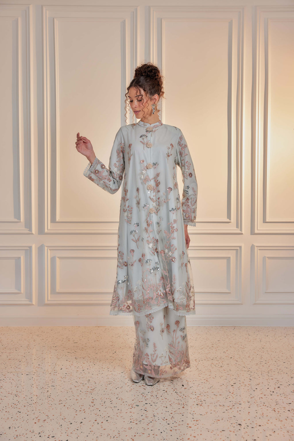 Serene Teal - Dian Embellished Kebarung with Embroidery Lace Trim (Full Lining)