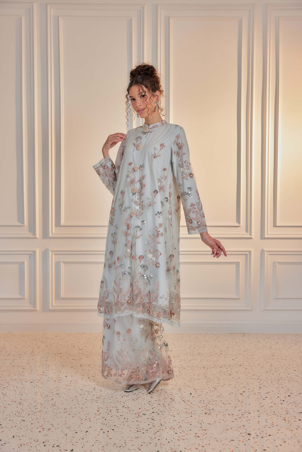 Serene Teal - Dian Embellished Kebarung with Embroidery Lace Trim (Full Lining)