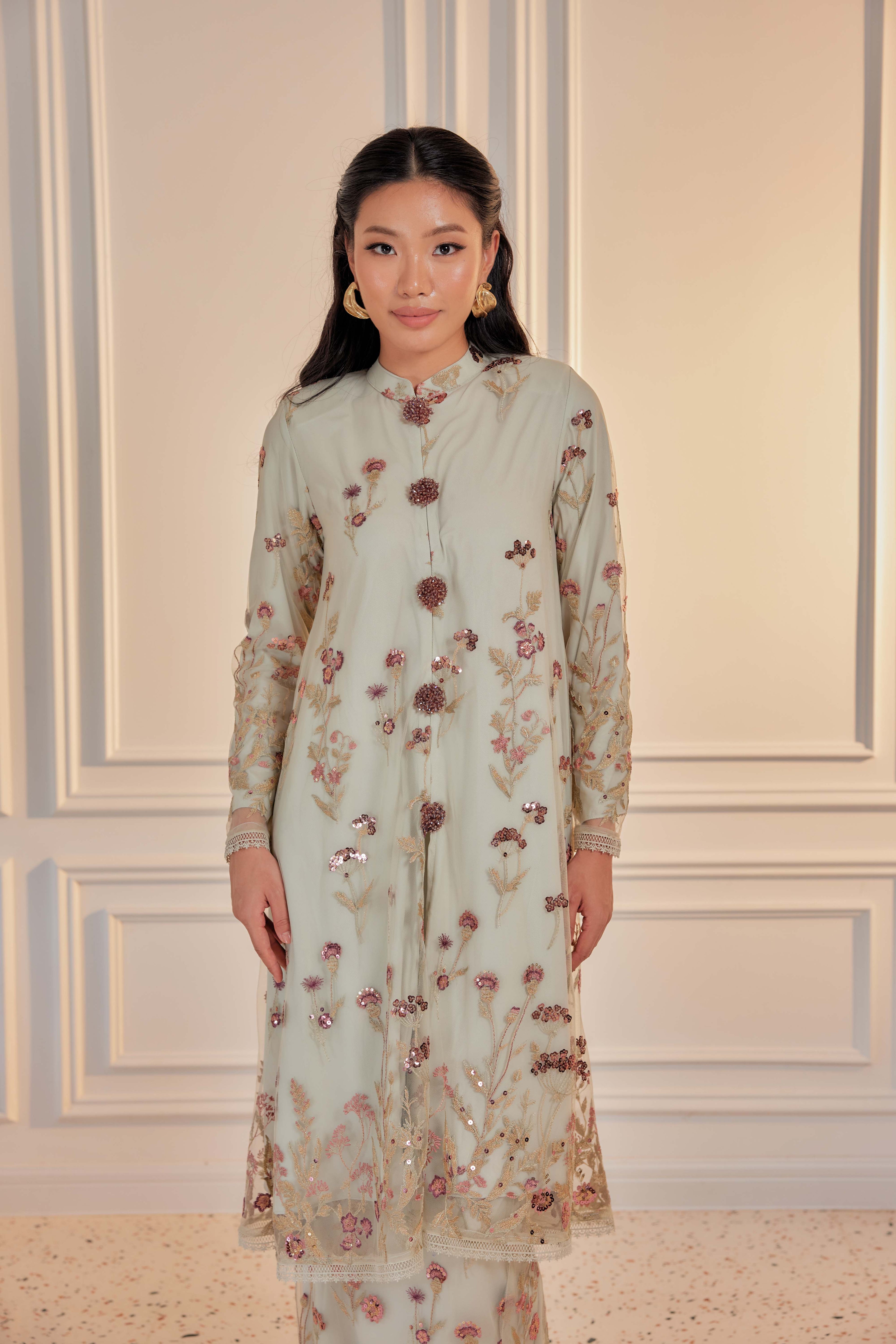 Sage Majesty - Dian Embellished Kebarung with Embroidery Lace Trim (Full Lining)