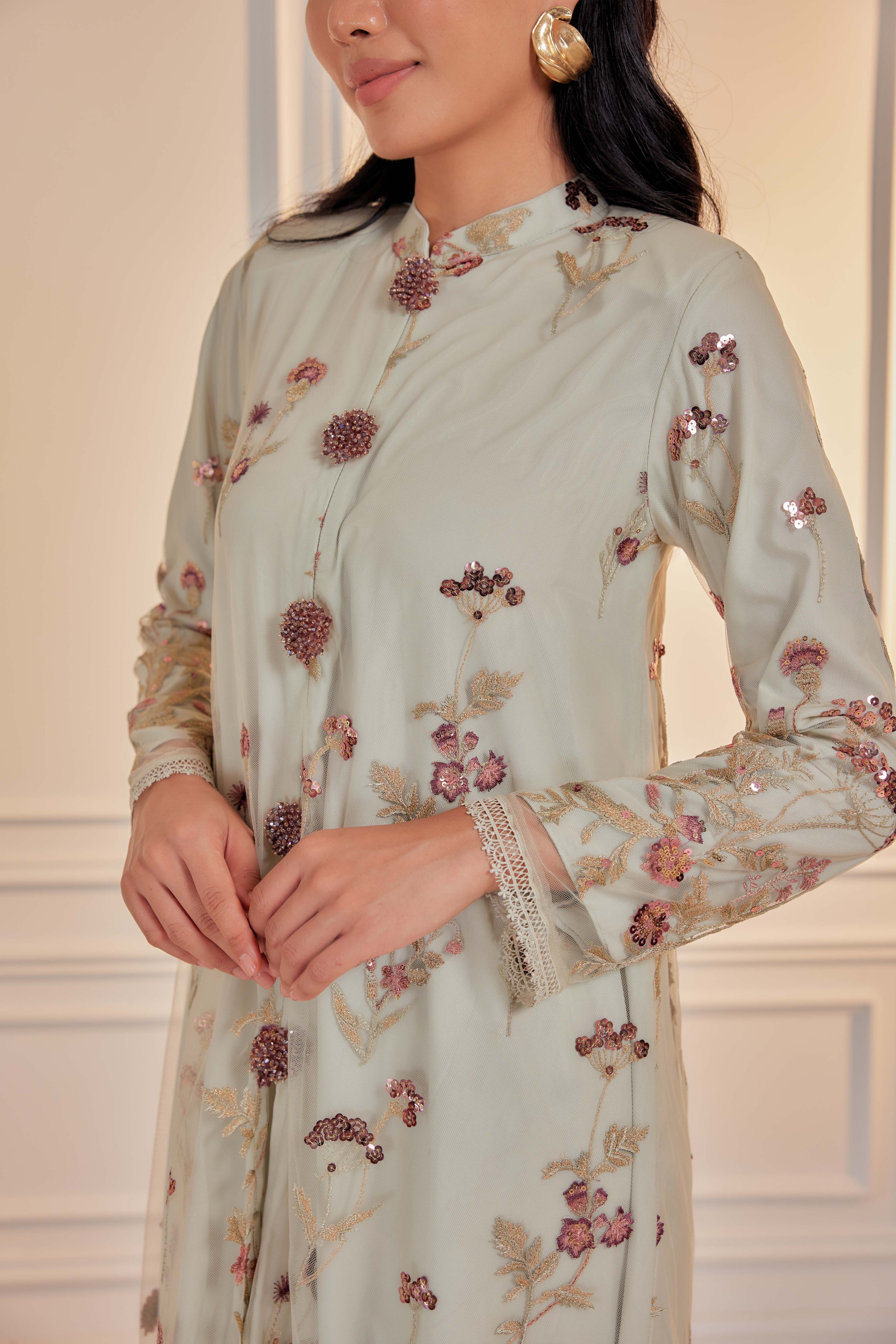 Sage Majesty - Dian Embellished Kebarung with Embroidery Lace Trim (Full Lining)