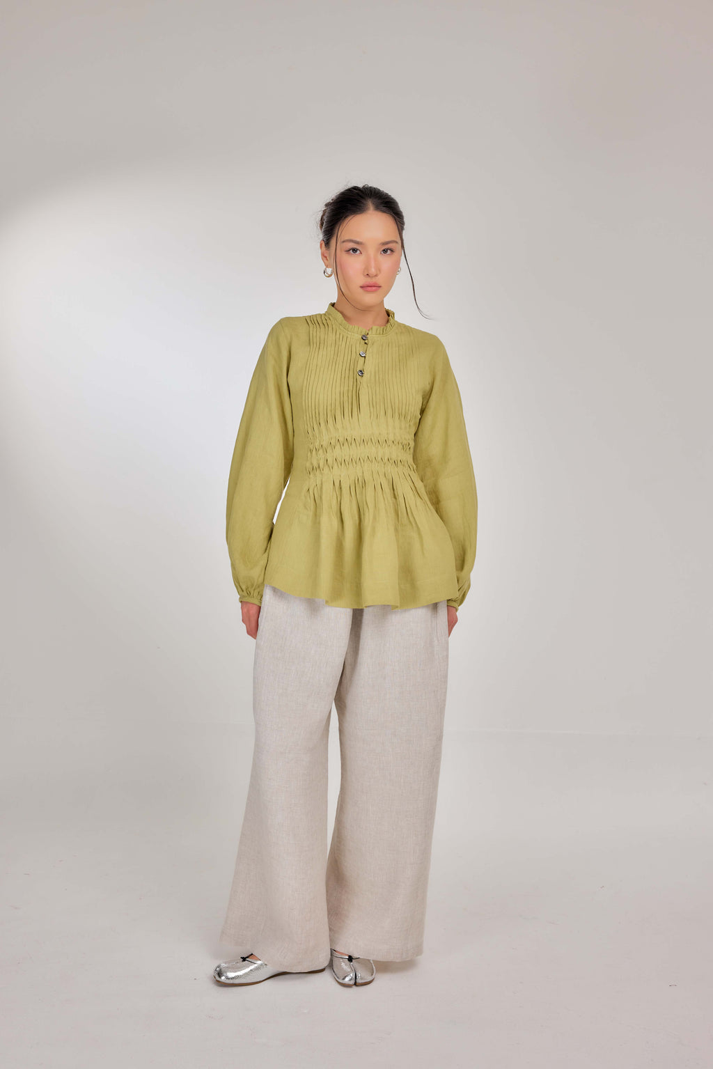 03 - Memento Pleated Lace-Up Pure Linen Top in Lime Sherbet