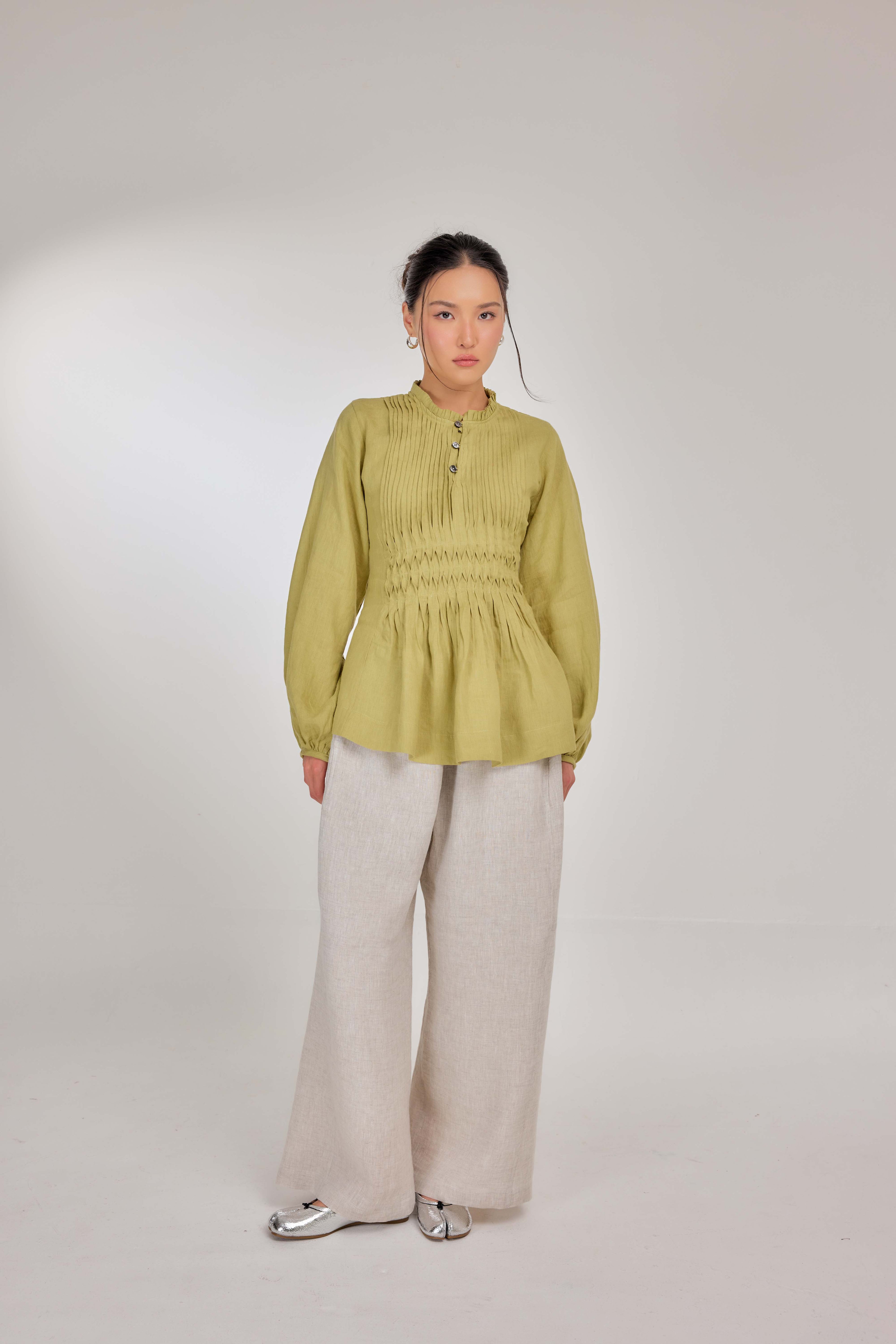 03 - Memento Pleated Lace-Up Pure Linen Top in Lime Sherbet