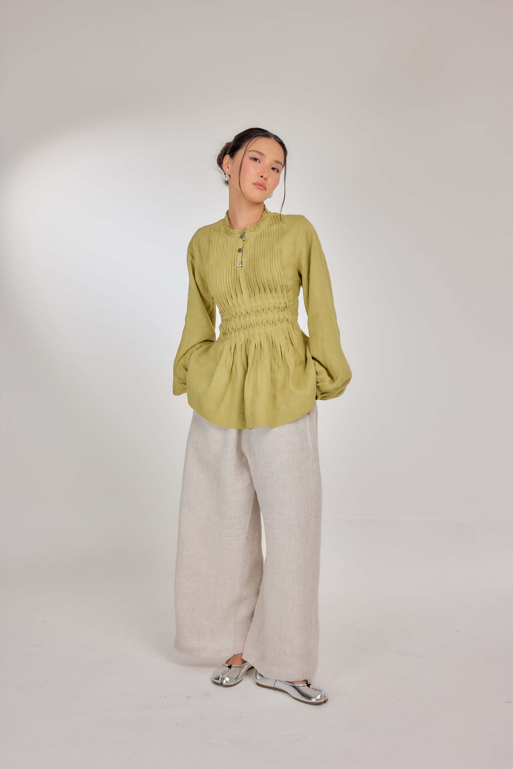 03 - Memento Pleated Lace-Up Pure Linen Top in Lime Sherbet