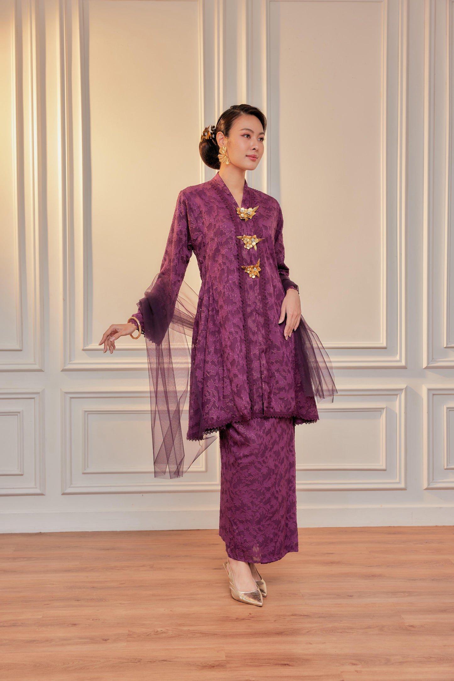 Purple Magenta - Jacquard Lace Kebaya Riau Set (Full Lining)