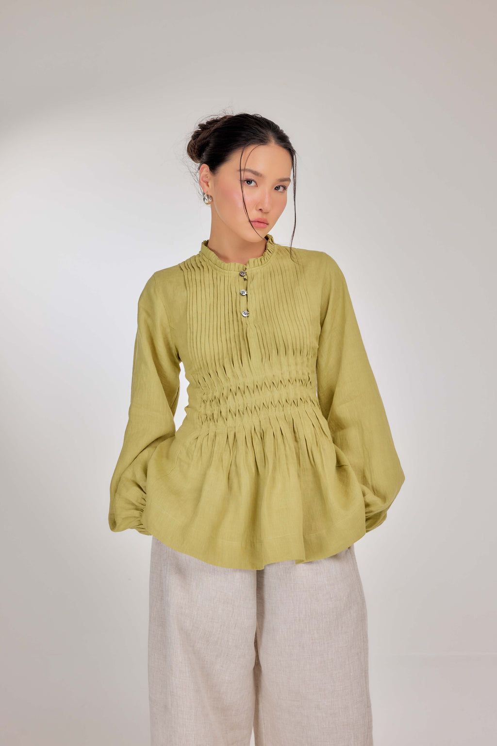 03 - Memento Pleated Lace-Up Pure Linen Top in Lime Sherbet