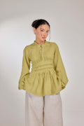 03 - Memento Pleated Lace-Up Pure Linen Top in Lime Sherbet