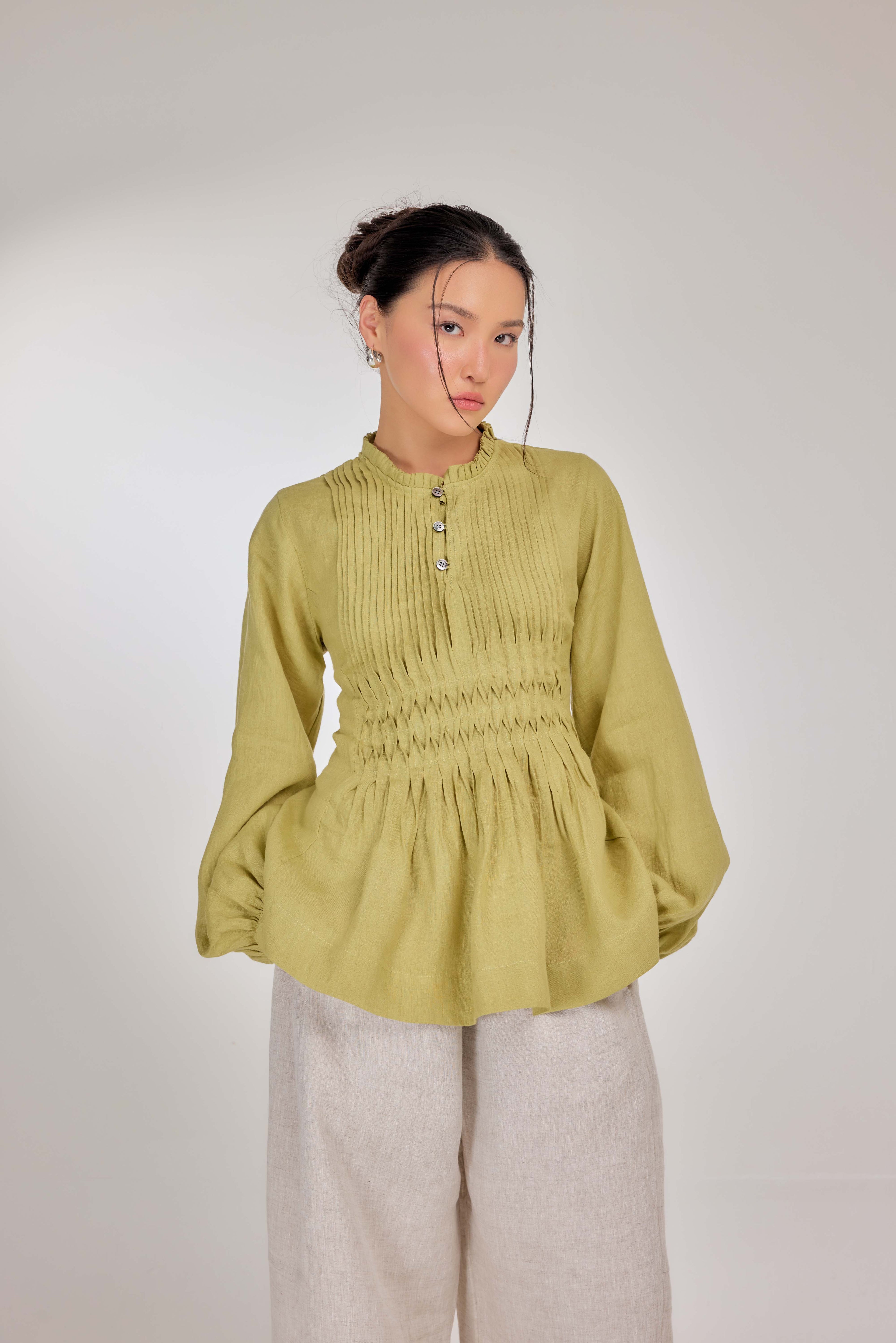 03 - Memento Pleated Lace-Up Pure Linen Top in Lime Sherbet