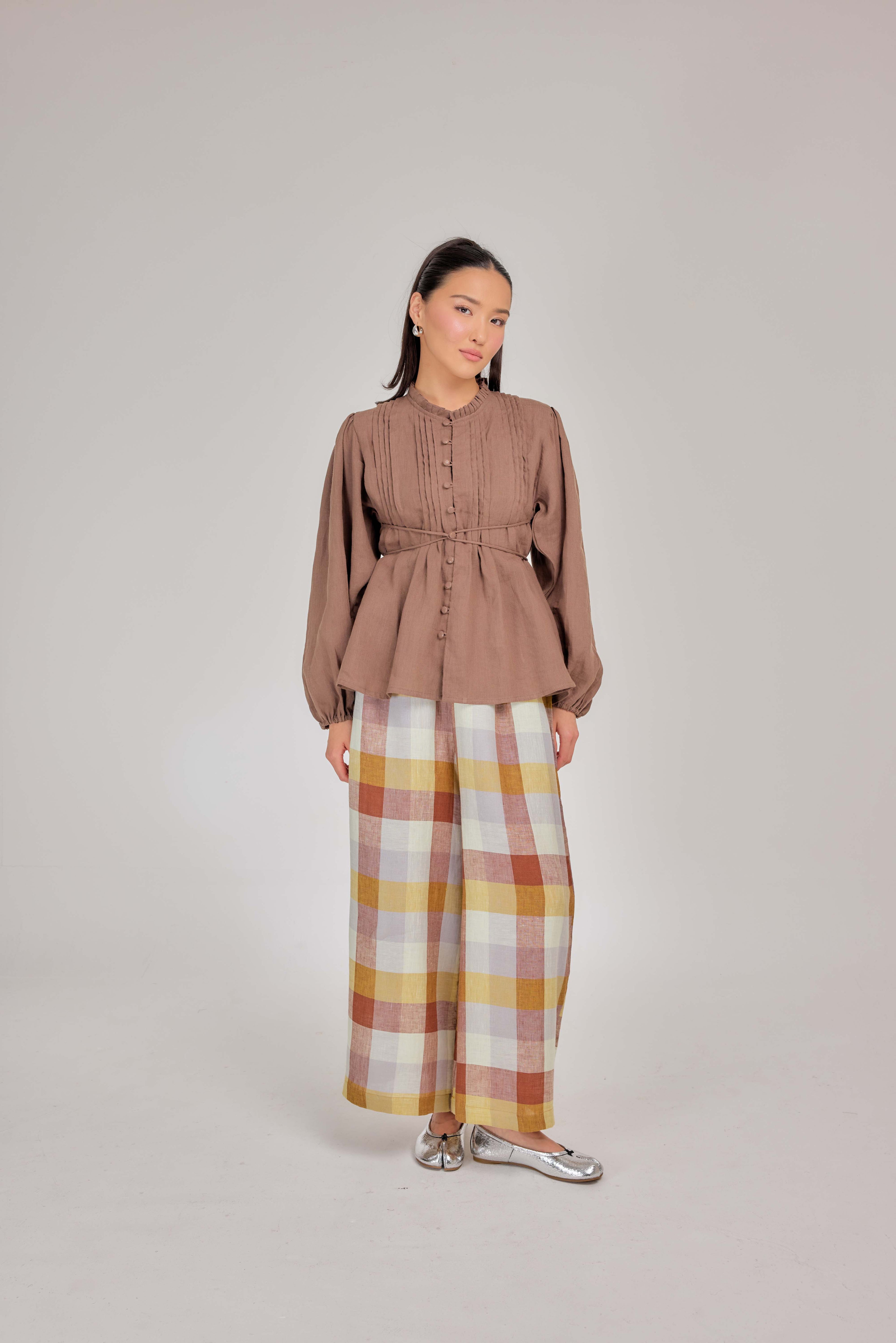 07 - The Daydream Tie-Waist Pure Linen Top in Cocoa Earth