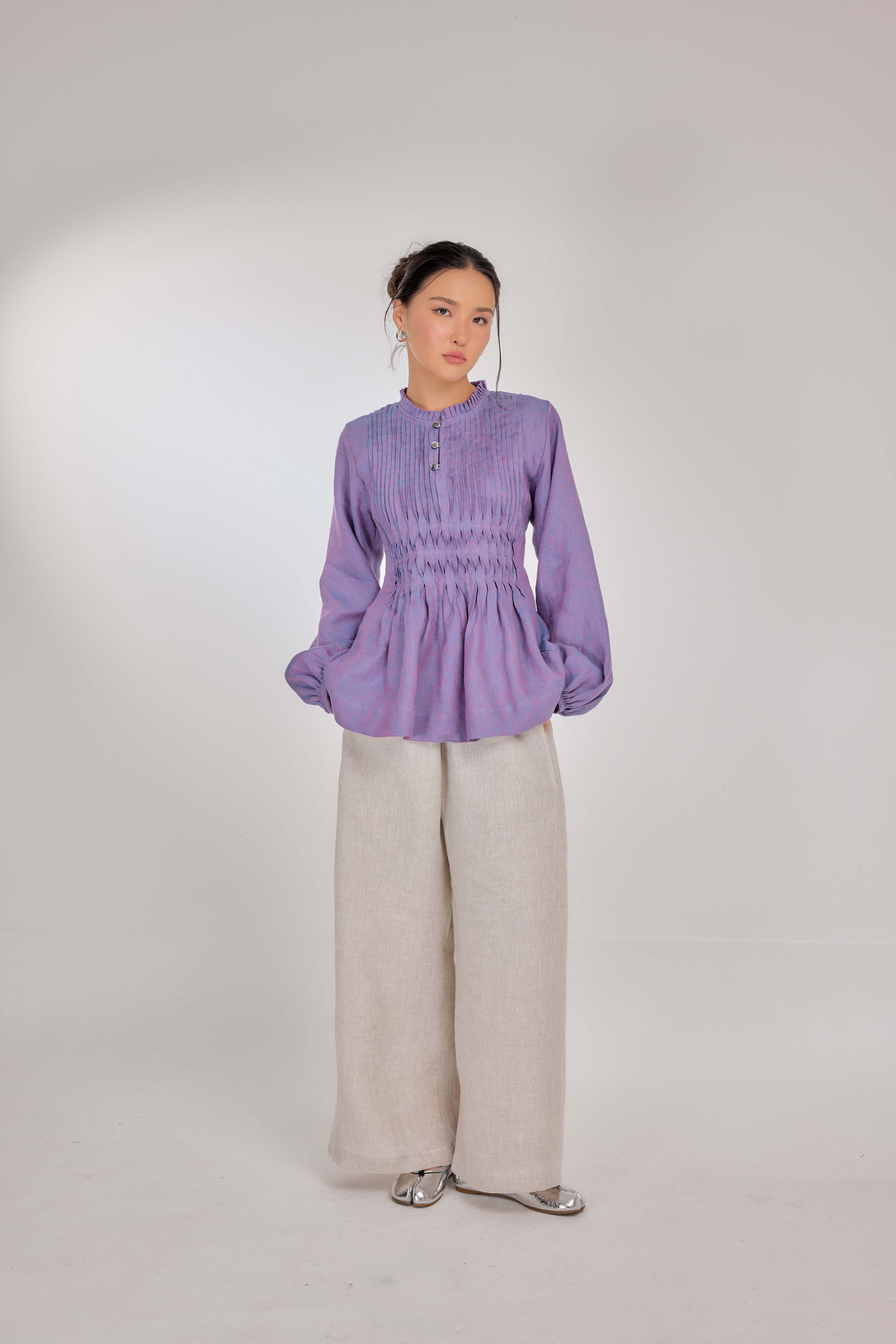 11 - Memento Pleated Lace-Up Pure Linen Top in Bluebell Flower