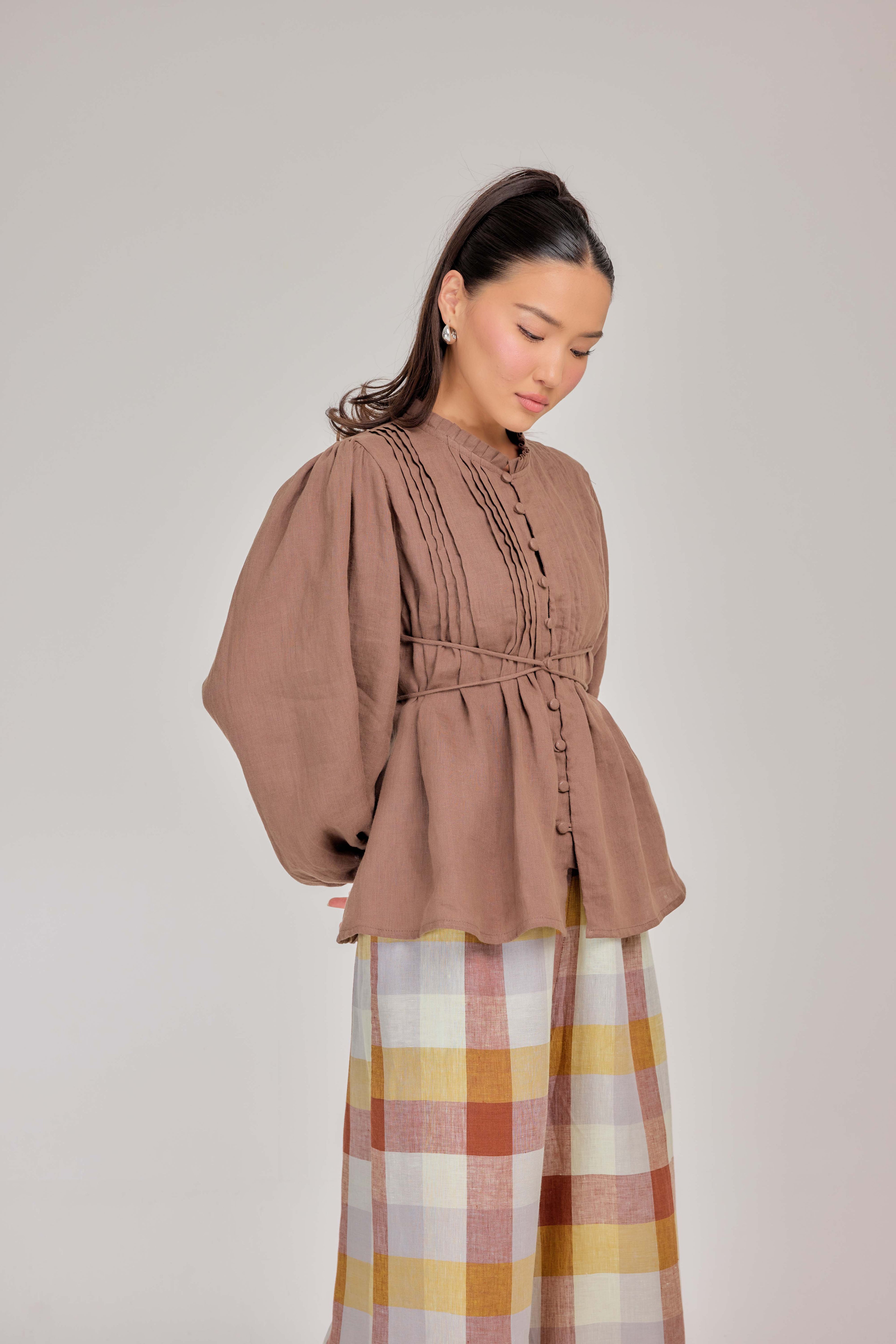 07 - The Daydream Tie-Waist Pure Linen Top in Cocoa Earth