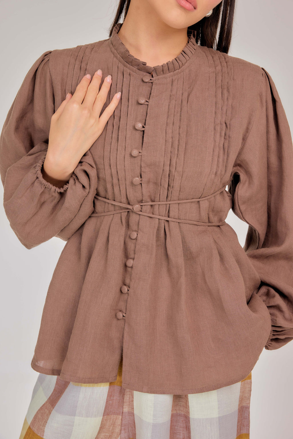 07 - The Daydream Tie-Waist Pure Linen Top in Cocoa Earth