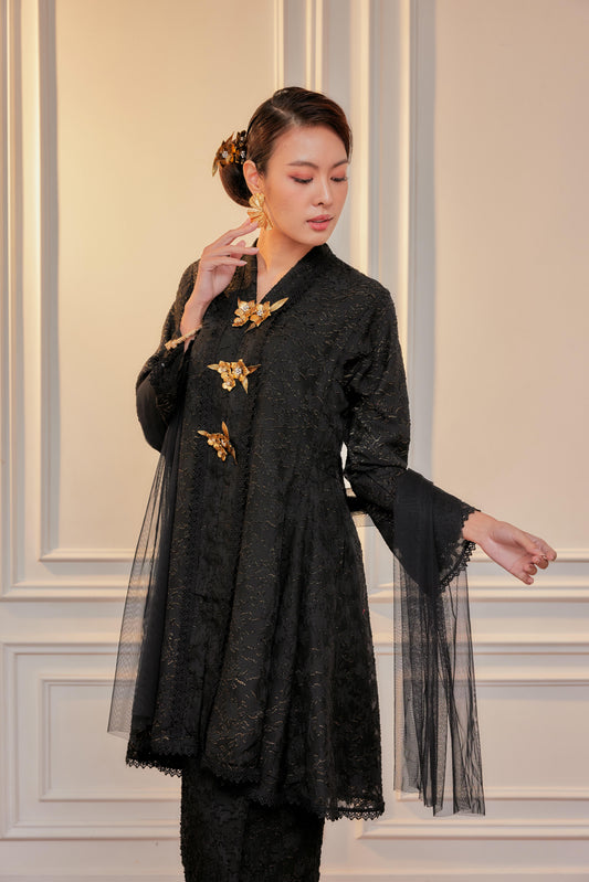 Black Gold - Jacquard Lace Kebaya Riau Set (Full Lining)