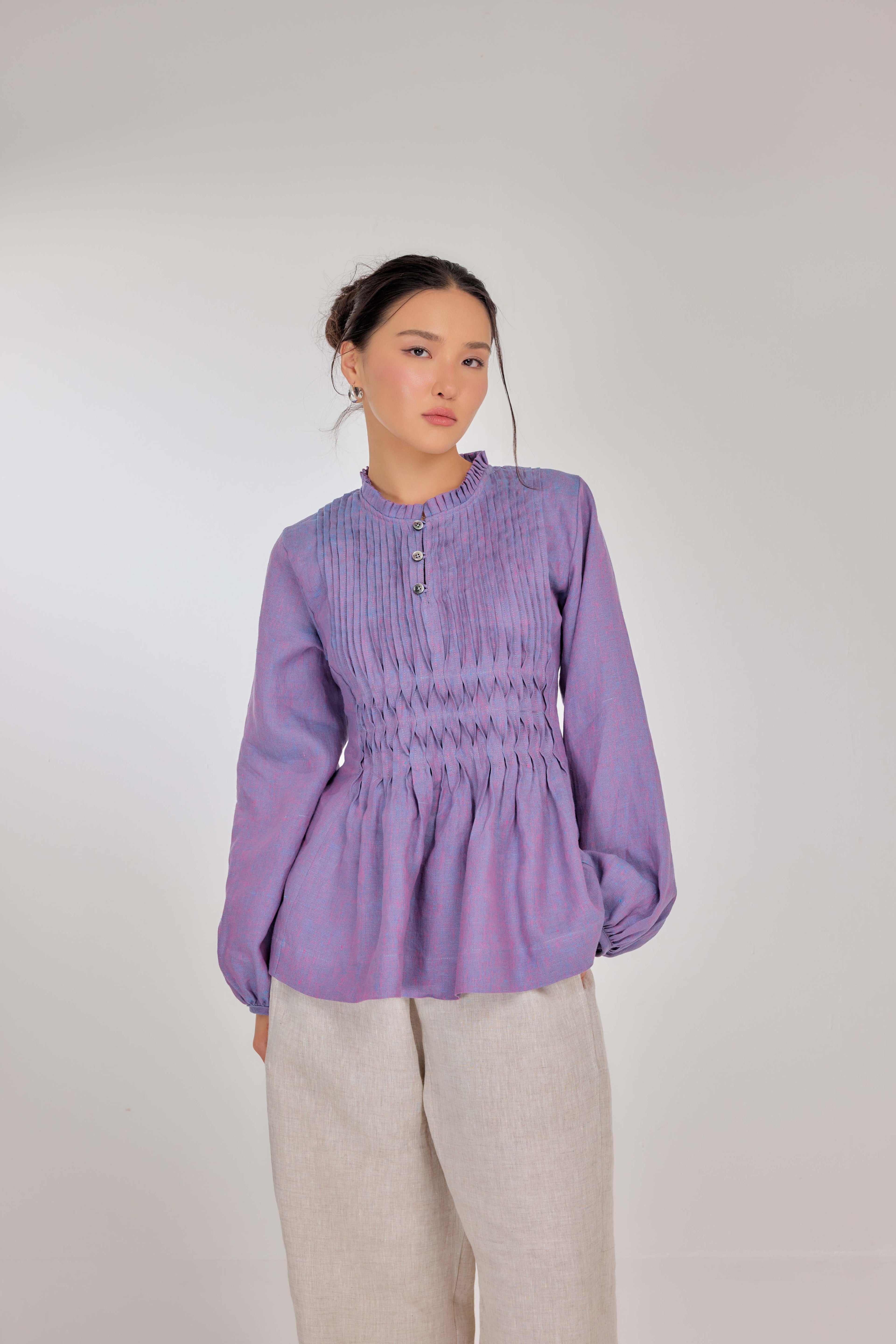 11 - Memento Pleated Lace-Up Pure Linen Top in Bluebell Flower