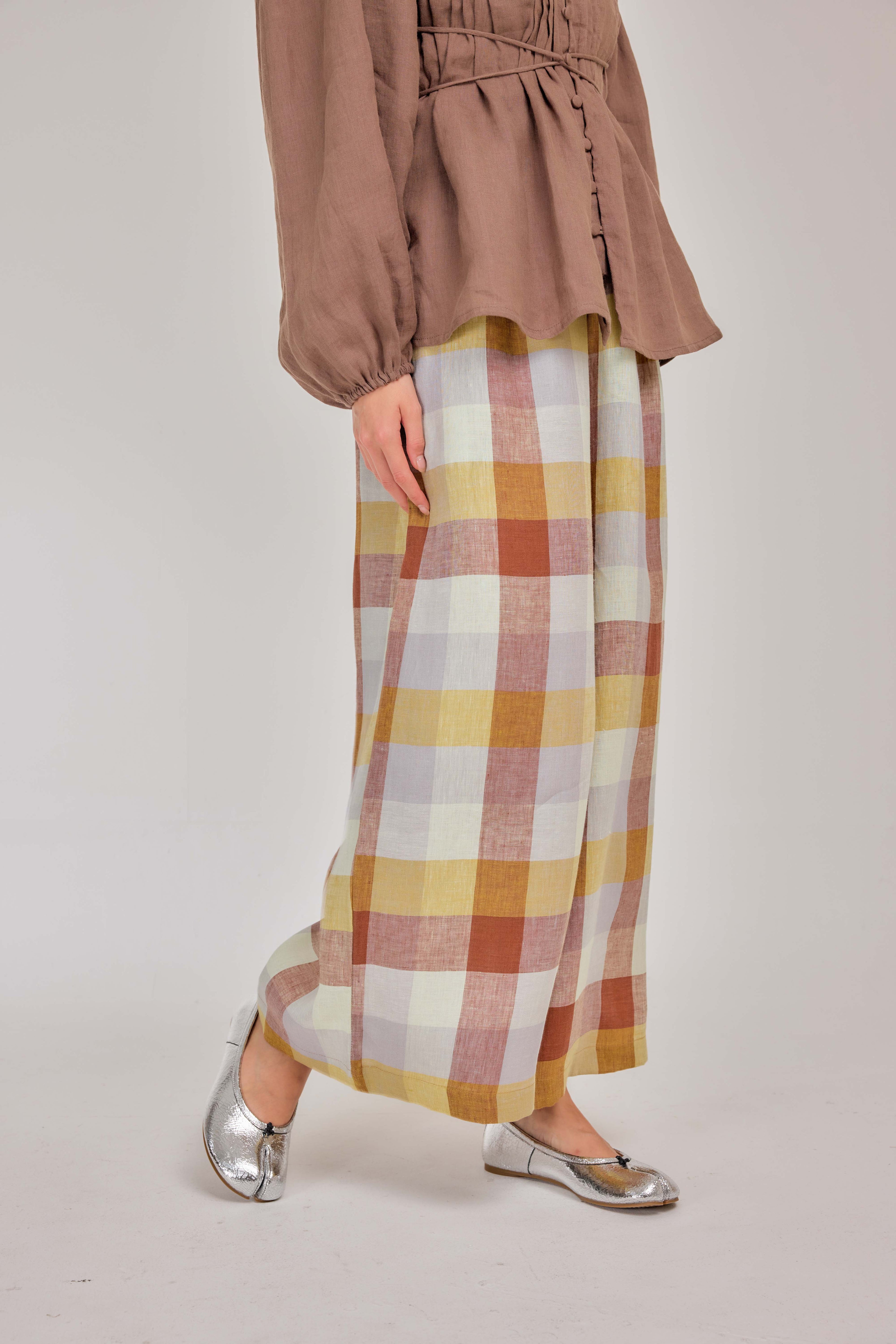 11 - Relaxed Barrel Plaid Pure Linen Pants in Sunday Brunch