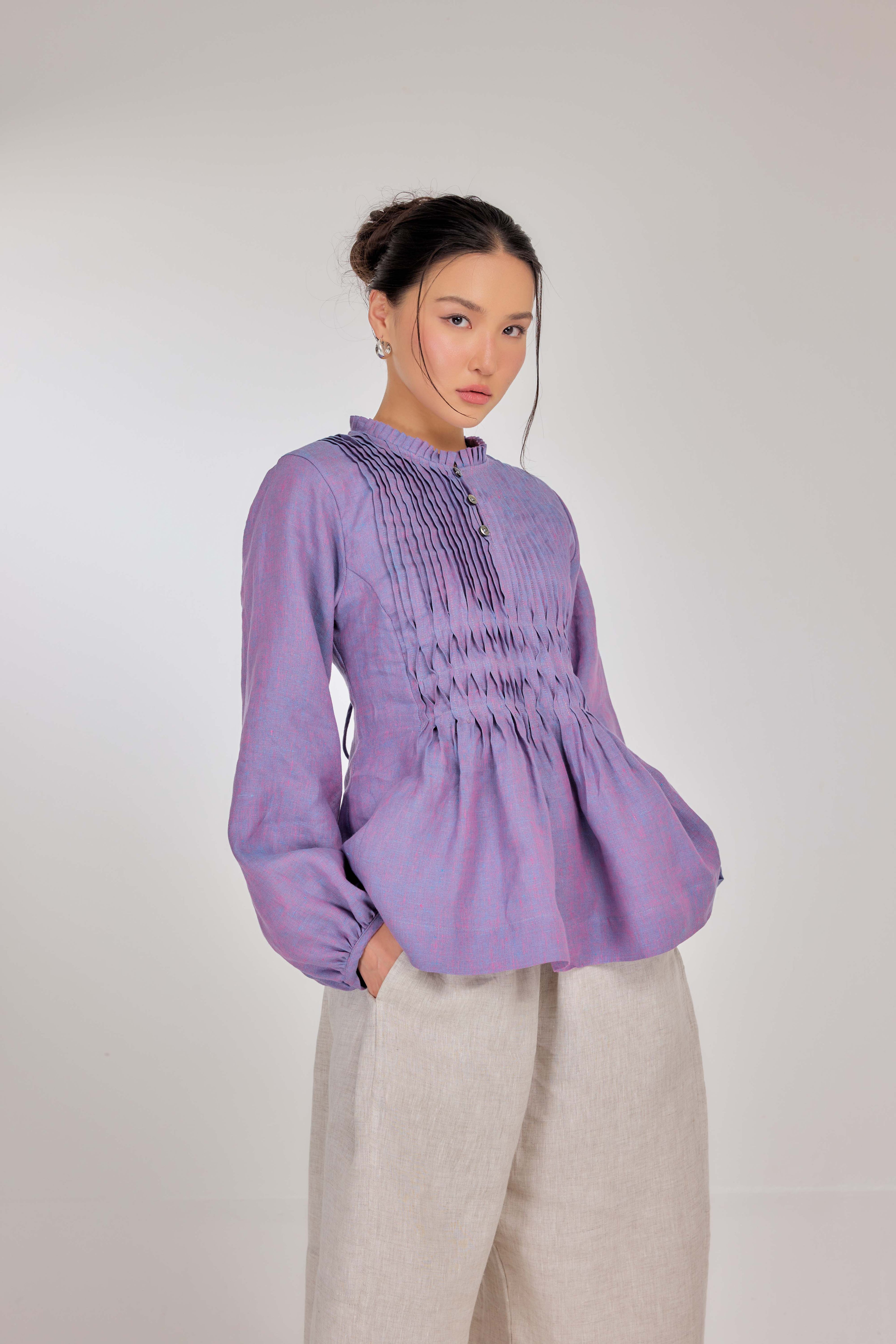11 - Memento Pleated Lace-Up Pure Linen Top in Bluebell Flower