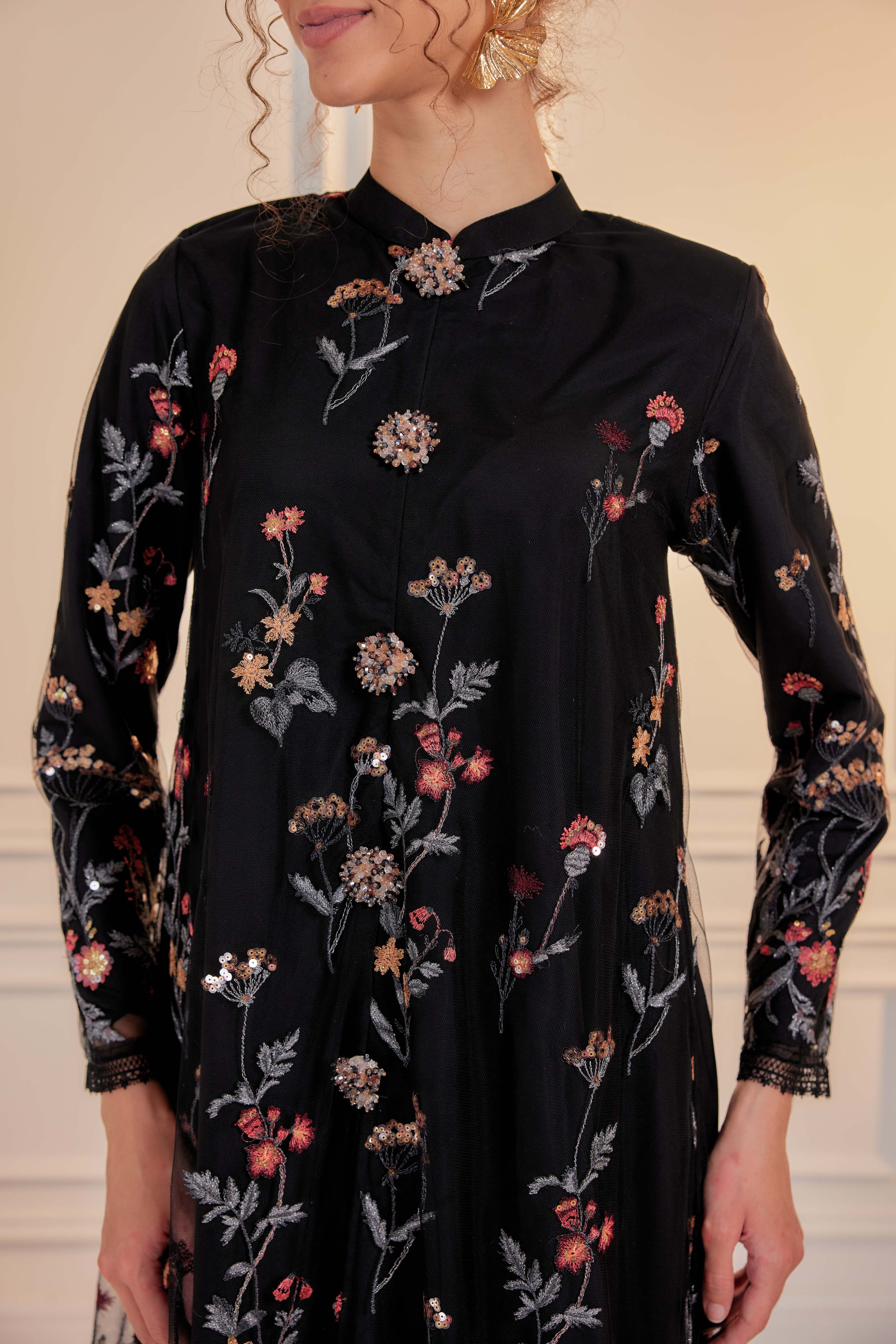 Imperial Black - Dian Embellished Kebarung with Embroidery Lace Trim (Full Lining)