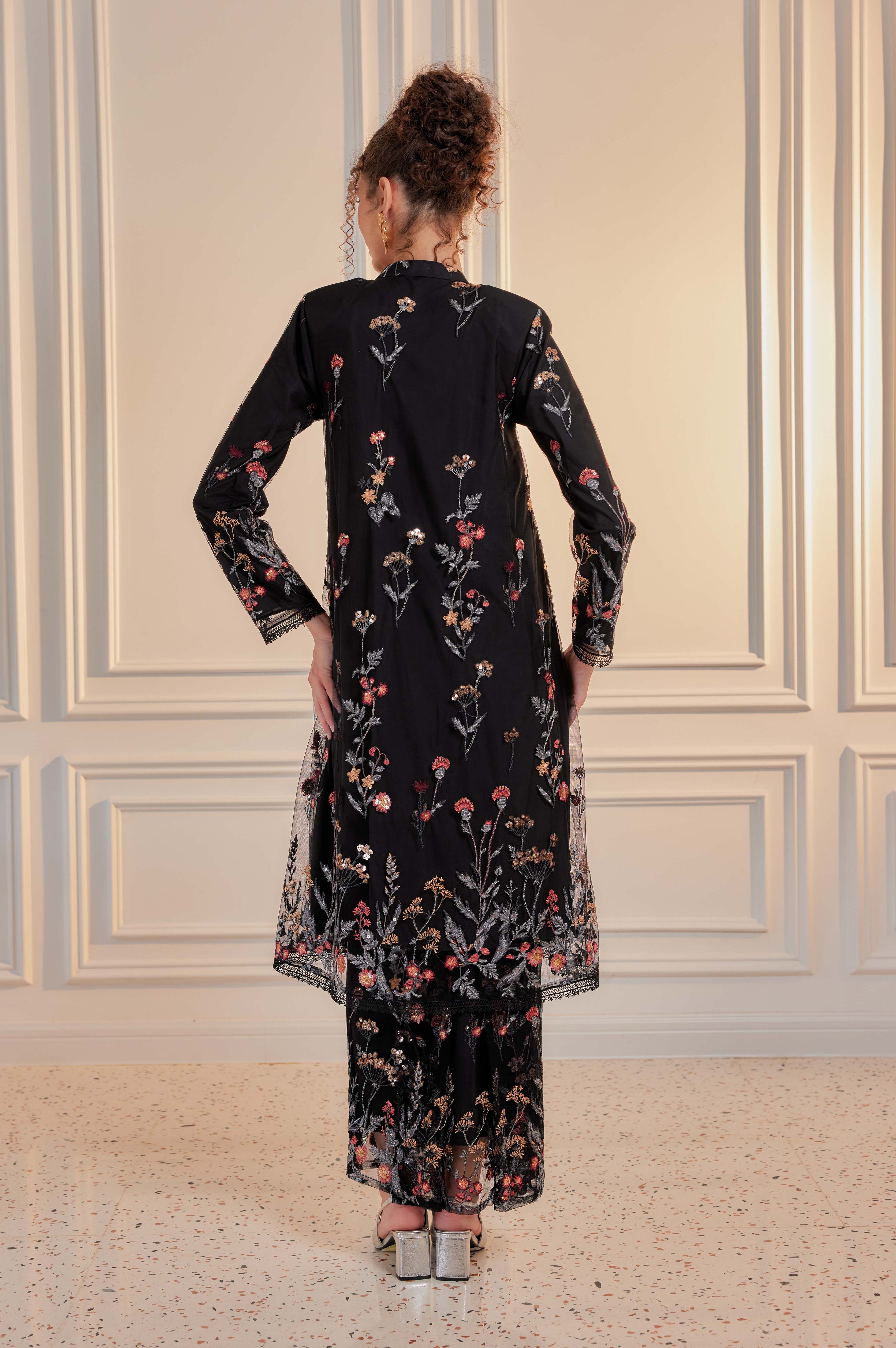 Imperial Black - Dian Embellished Kebarung with Embroidery Lace Trim (Full Lining)