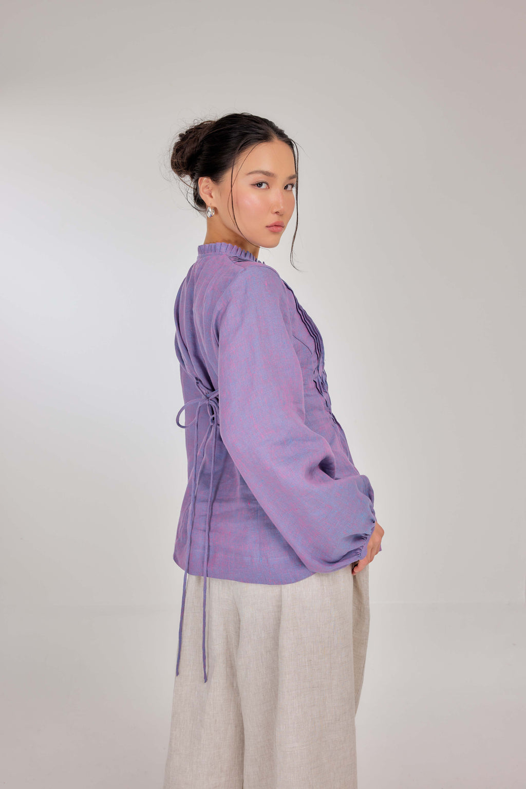11 - Memento Pleated Lace-Up Pure Linen Top in Bluebell Flower