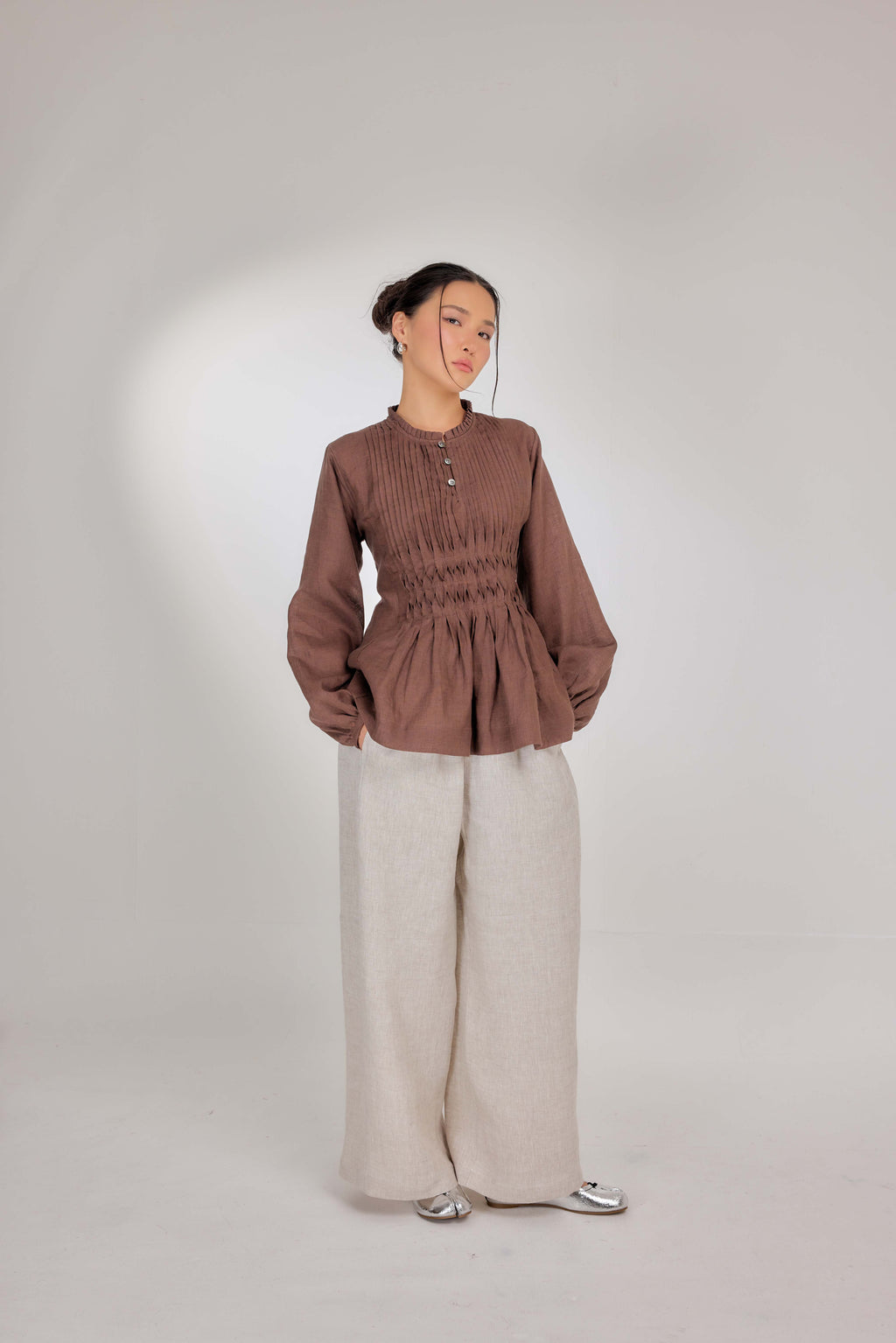 07 - Memento Pleated Lace-Up Pure Linen Top in Tiramisu