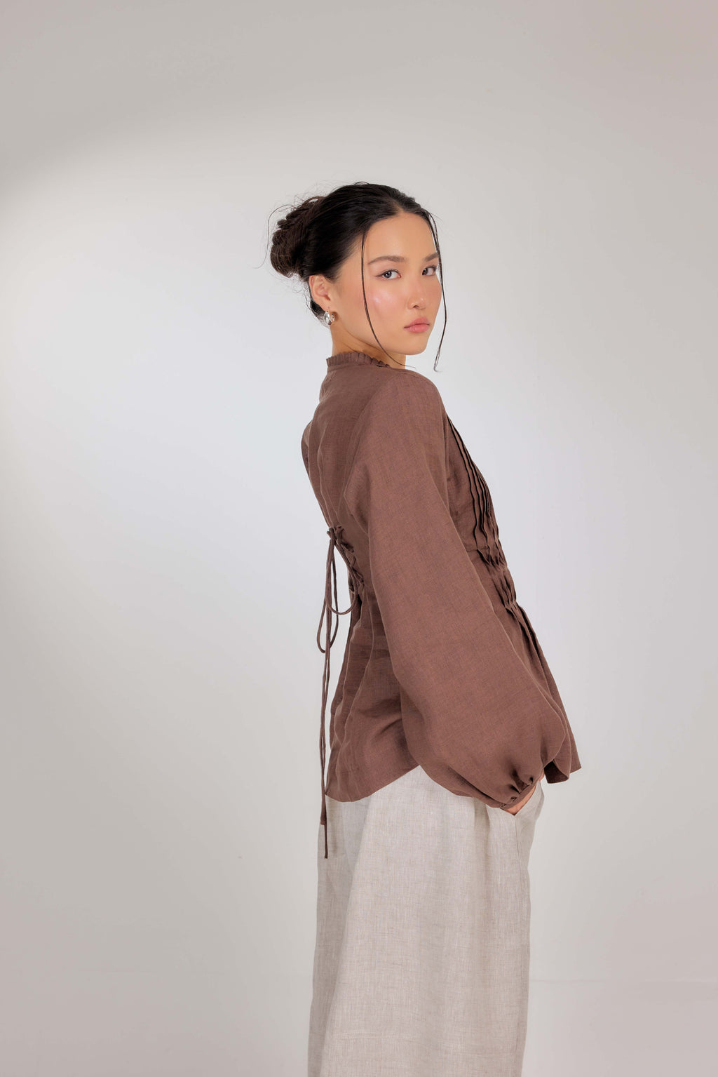 07 - Memento Pleated Lace-Up Pure Linen Top in Tiramisu