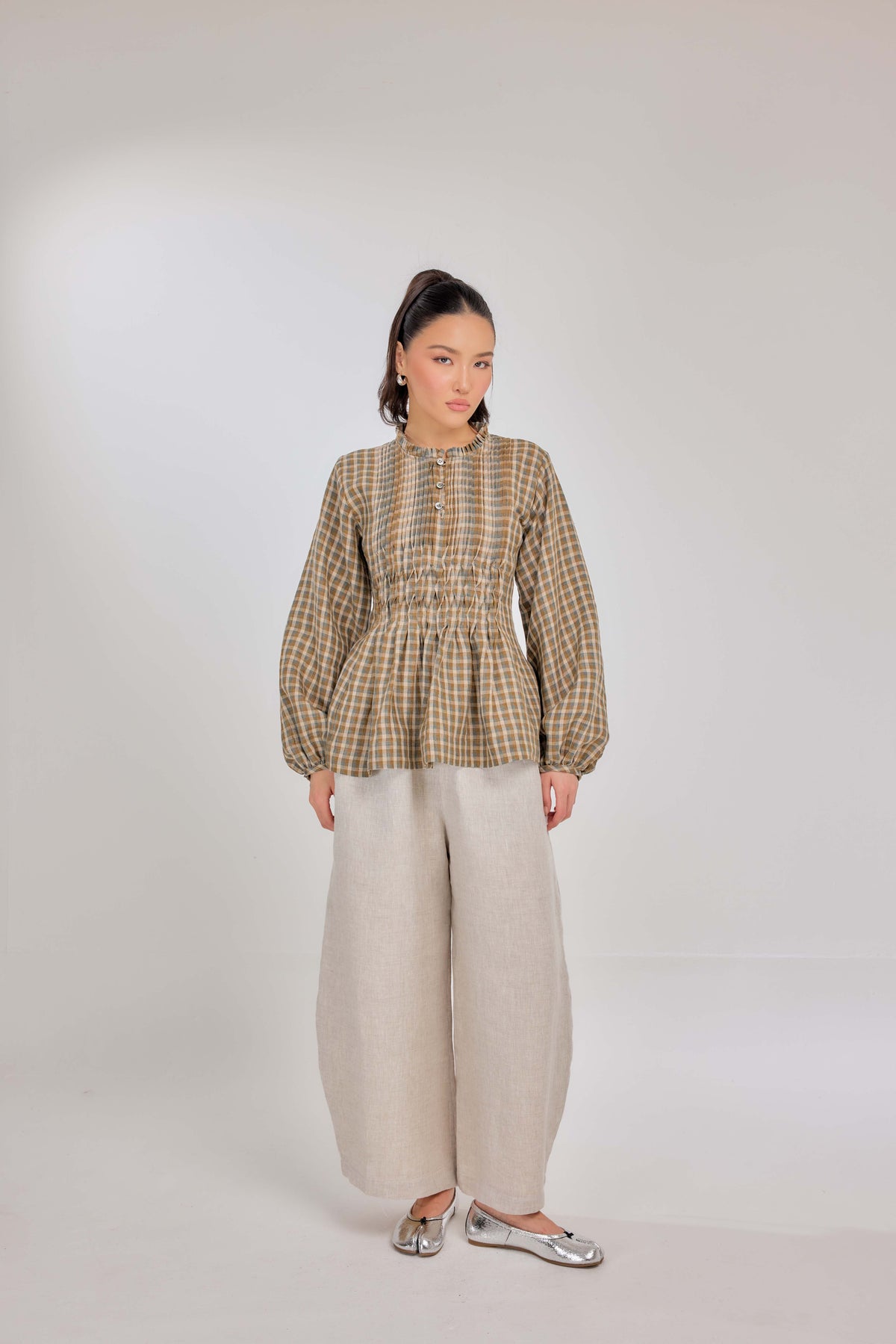 18 - Memento Pleated Lace-Up Micro-Check Pure Linen Top in Harvest Check