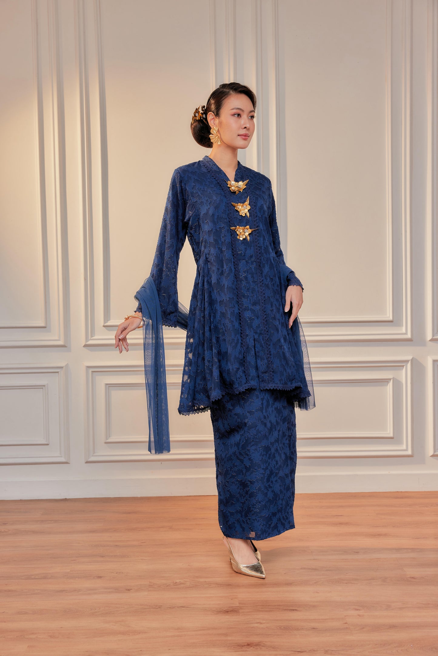 Royal Navy - Jacquard Lace Kebaya Riau Set (Full Lining)