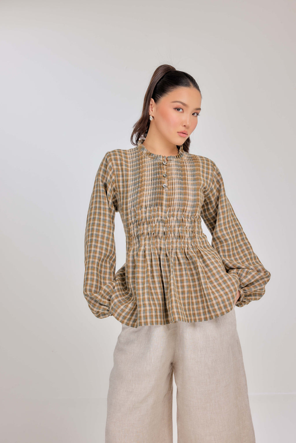 18 - Memento Pleated Lace-Up Micro-Check Pure Linen Top in Harvest Check