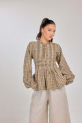 18 - Memento Pleated Lace-Up Micro-Check Pure Linen Top in Harvest Check