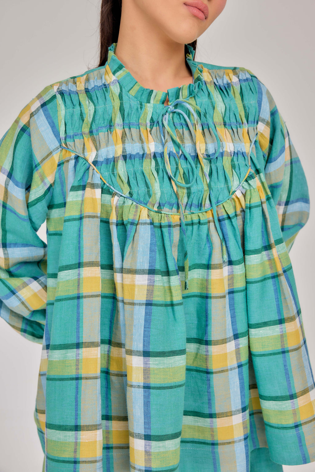 01 - The Heirloom Wave-Pleated Pure Linen Blouse in Morning Lagoon Plaid