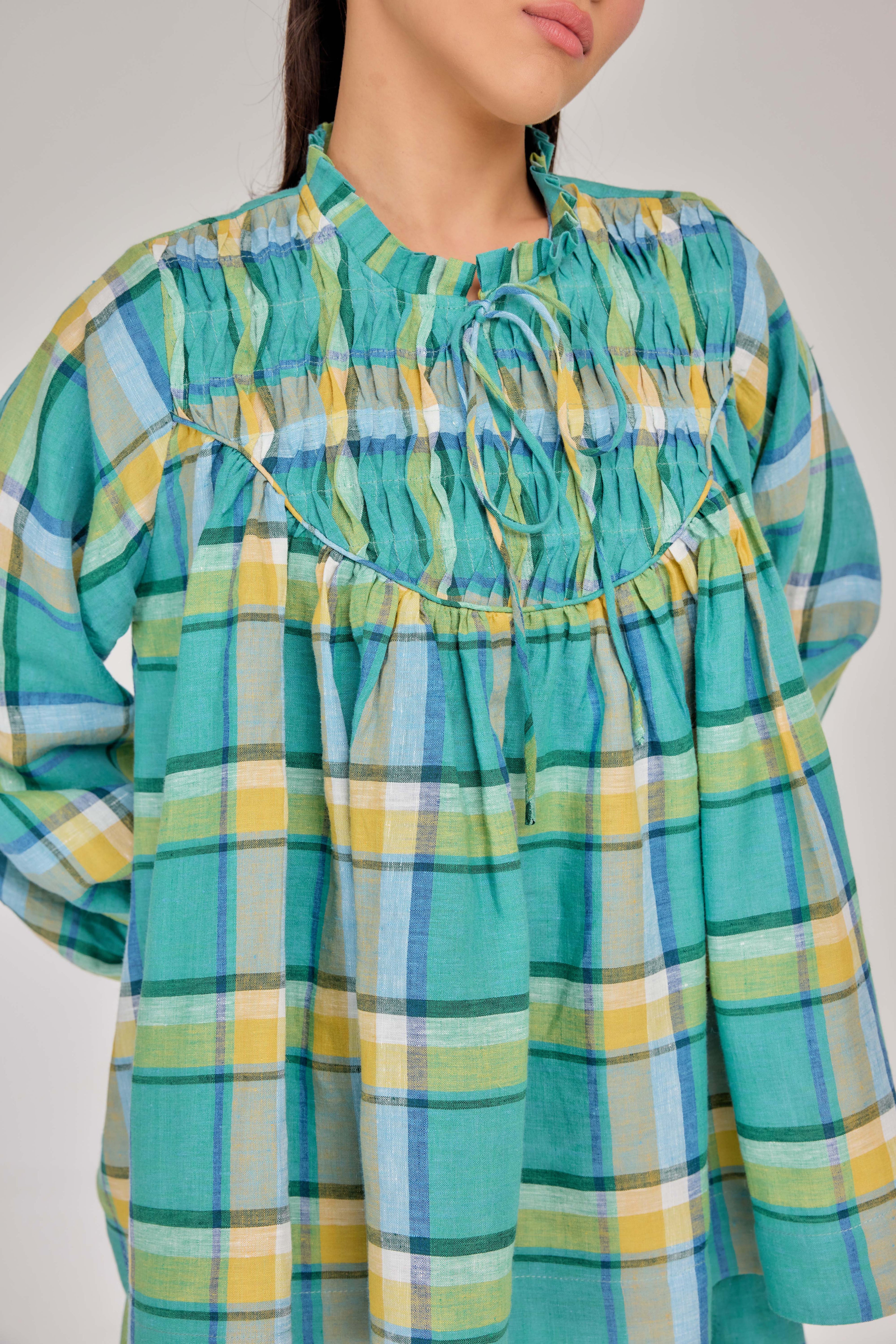 01 - The Heirloom Wave-Pleated Pure Linen Blouse in Morning Lagoon Plaid