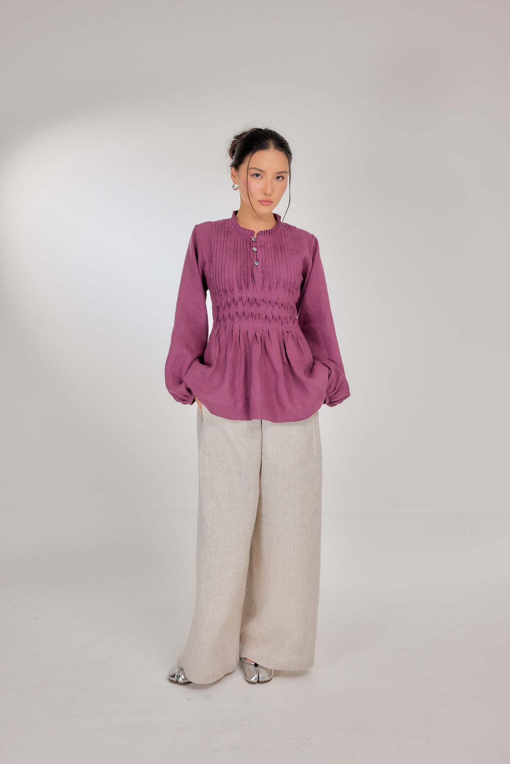 09 - Memento Pleated Lace-Up Pure Linen Top in Raspberry Jam