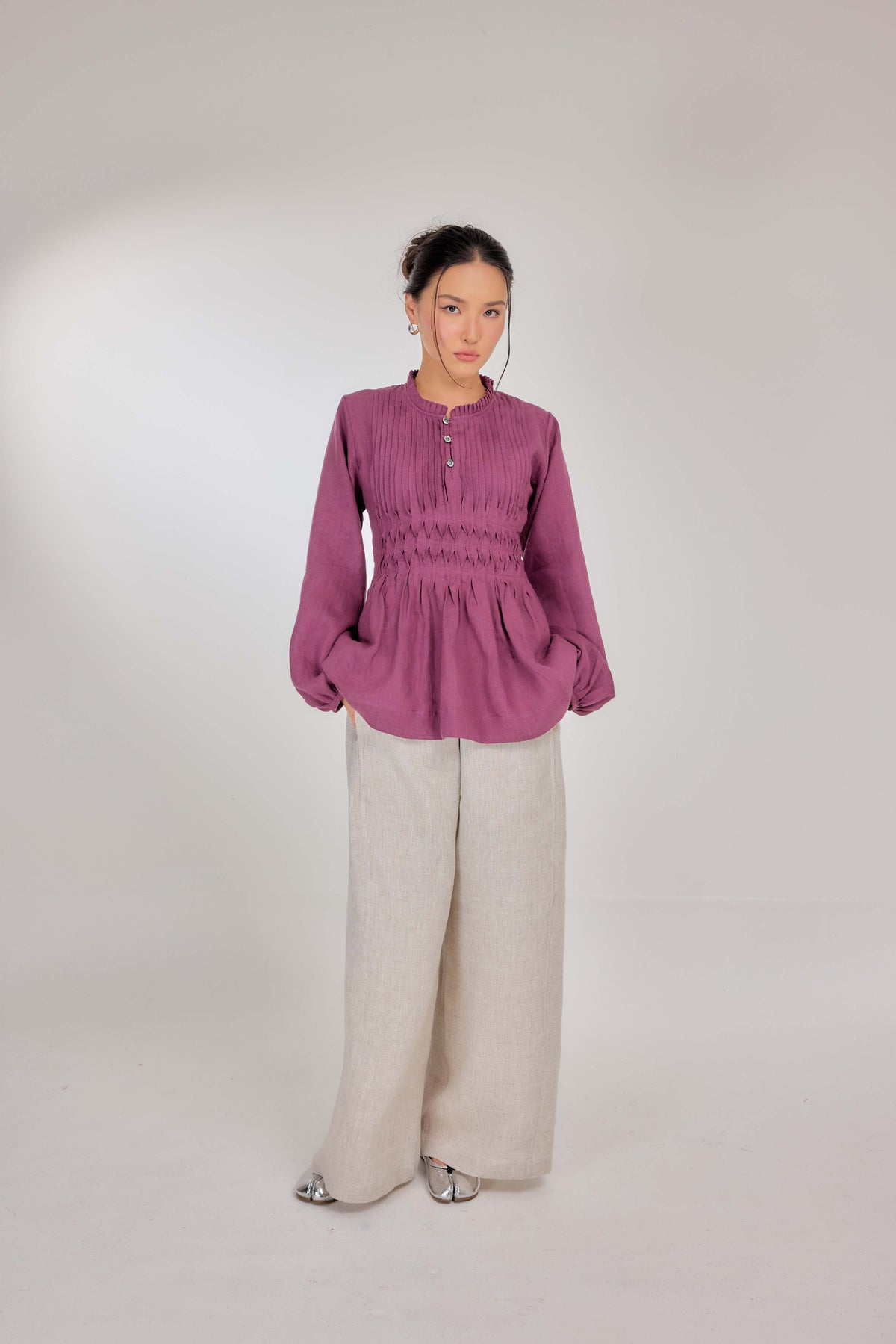 09 - Memento Pleated Lace-Up Pure Linen Top in Raspberry Jam