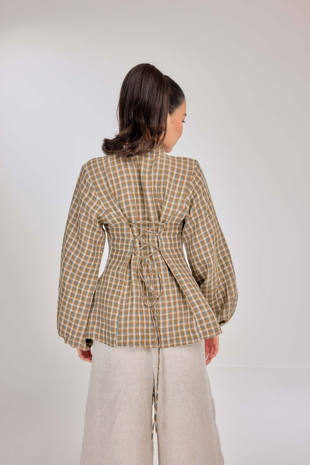 18 - Memento Pleated Lace-Up Micro-Check Pure Linen Top in Harvest Check