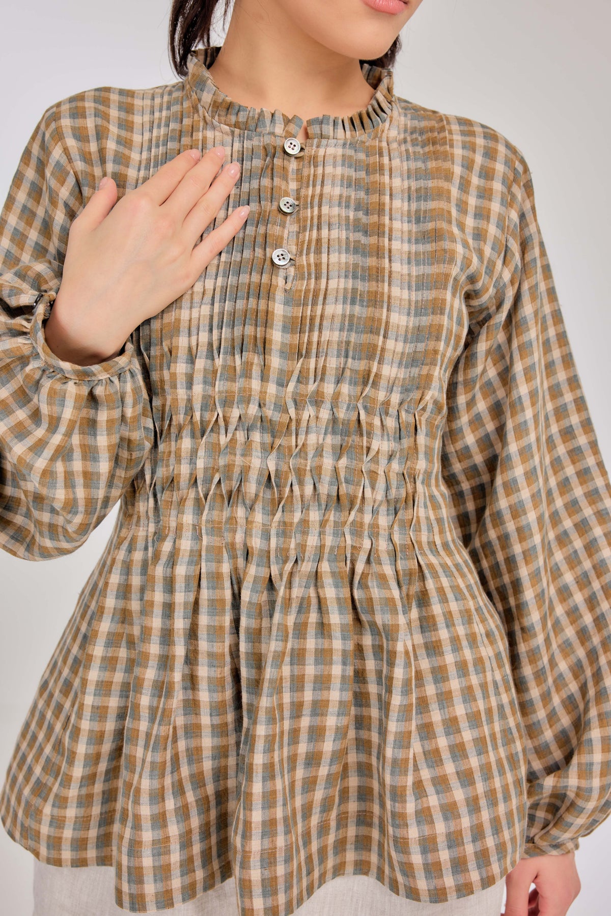 18 - Memento Pleated Lace-Up Micro-Check Pure Linen Top in Harvest Check