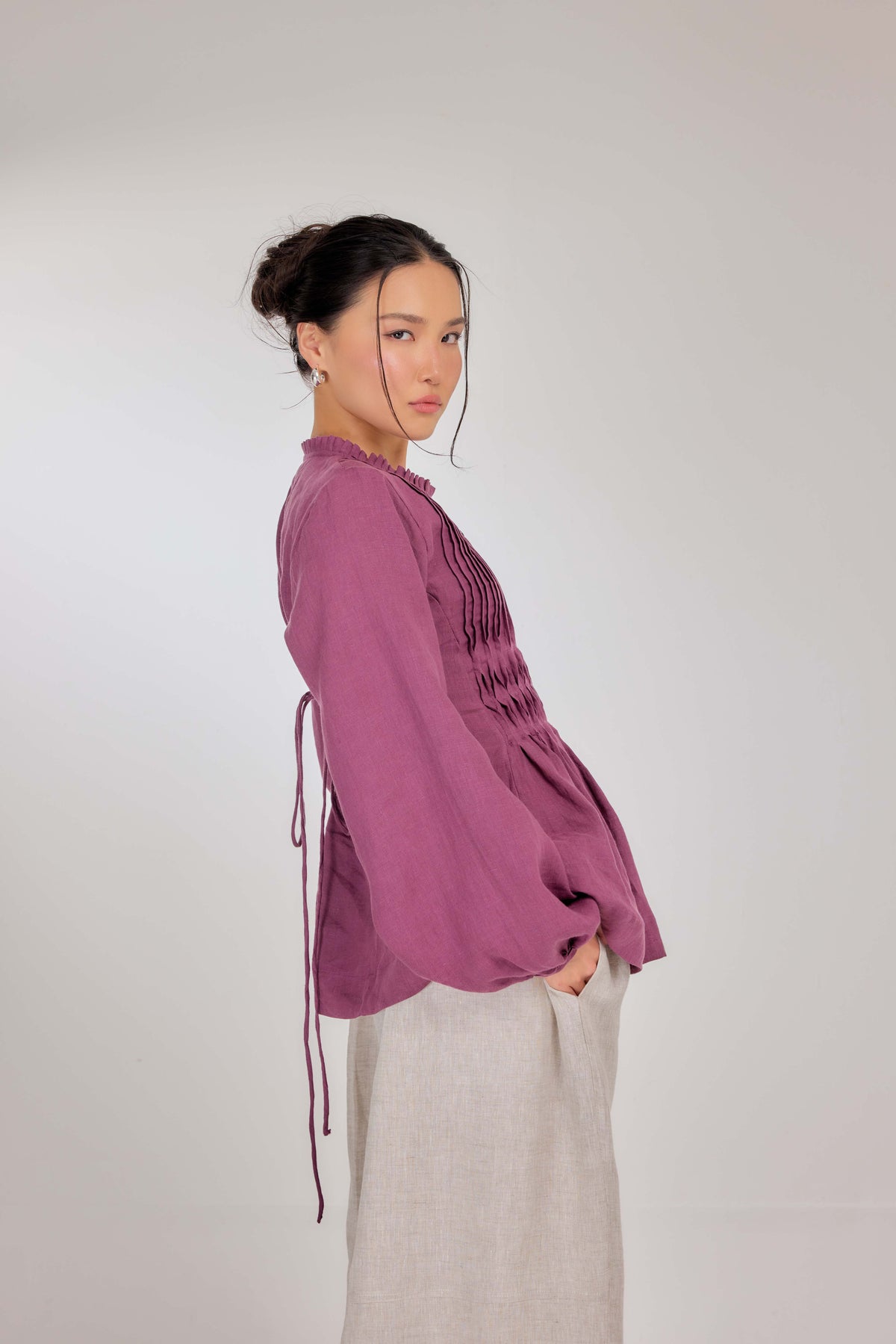 09 - Memento Pleated Lace-Up Pure Linen Top in Raspberry Jam