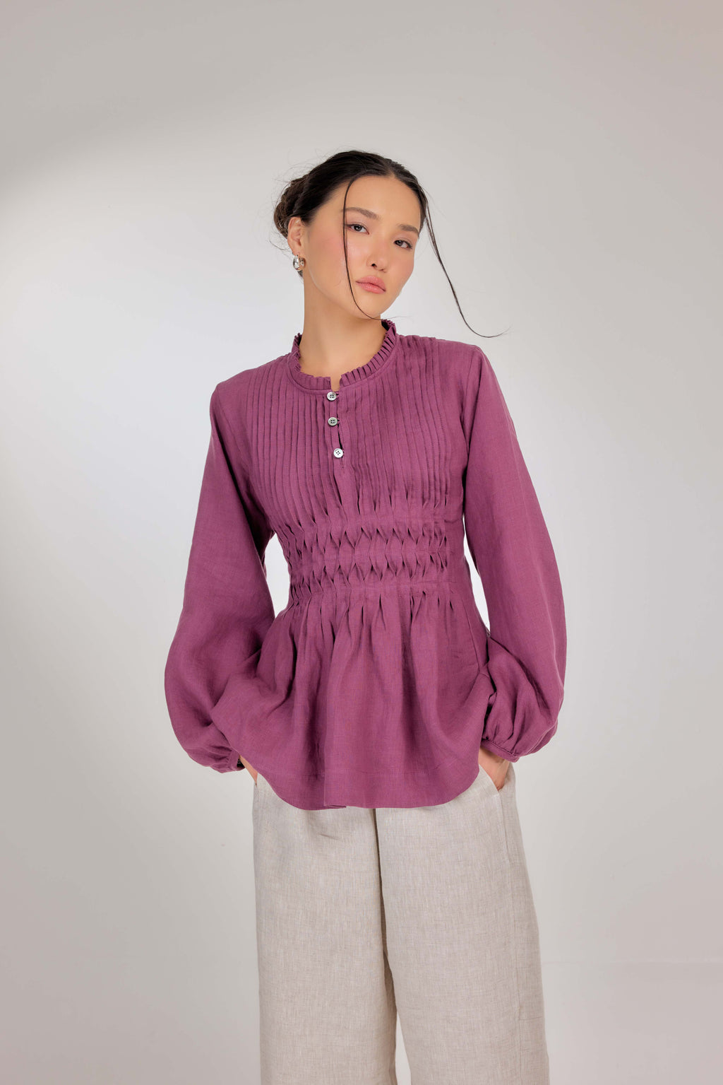 09 - Memento Pleated Lace-Up Pure Linen Top in Raspberry Jam