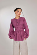 09 - Memento Pleated Lace-Up Pure Linen Top in Raspberry Jam