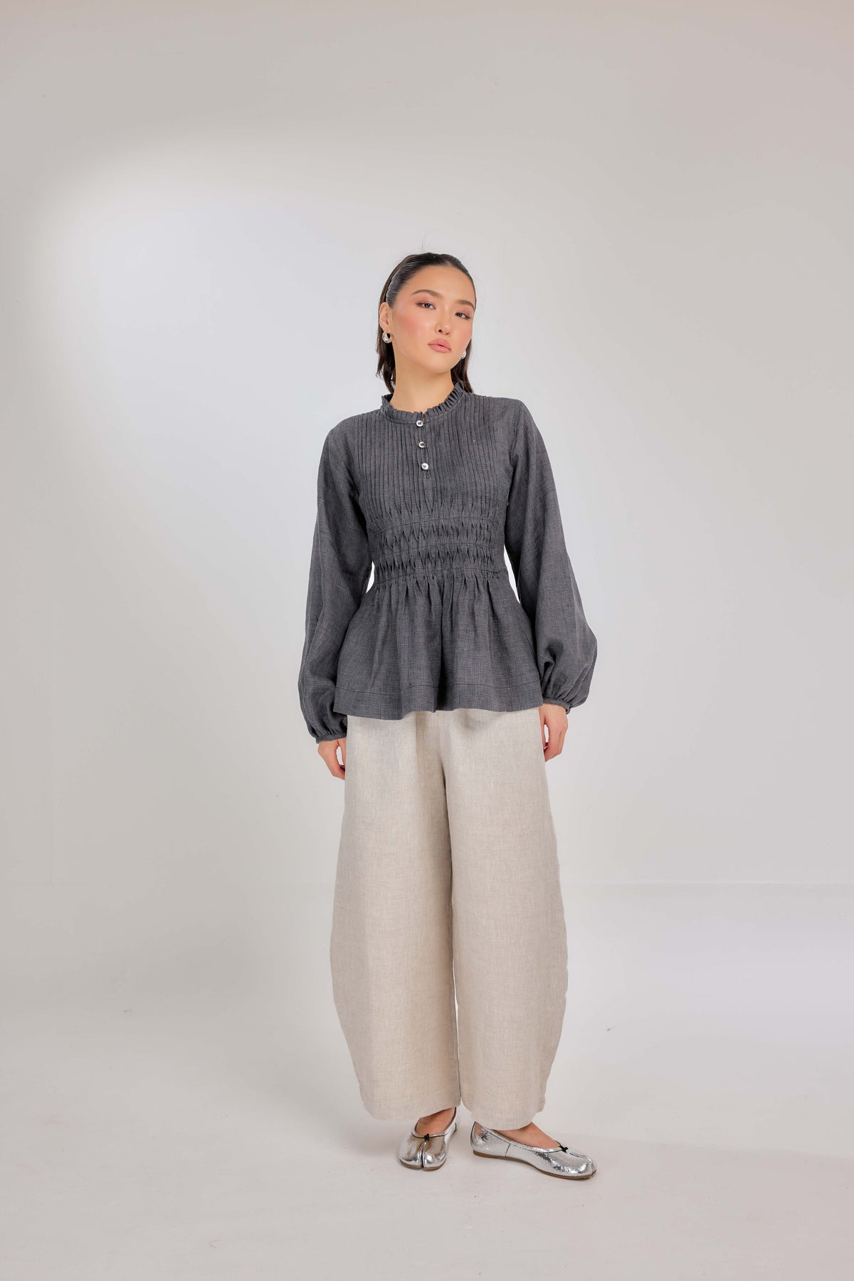 20 - Memento Pleated Lace-Up Micro-Check Pure Linen Top in Tahitian