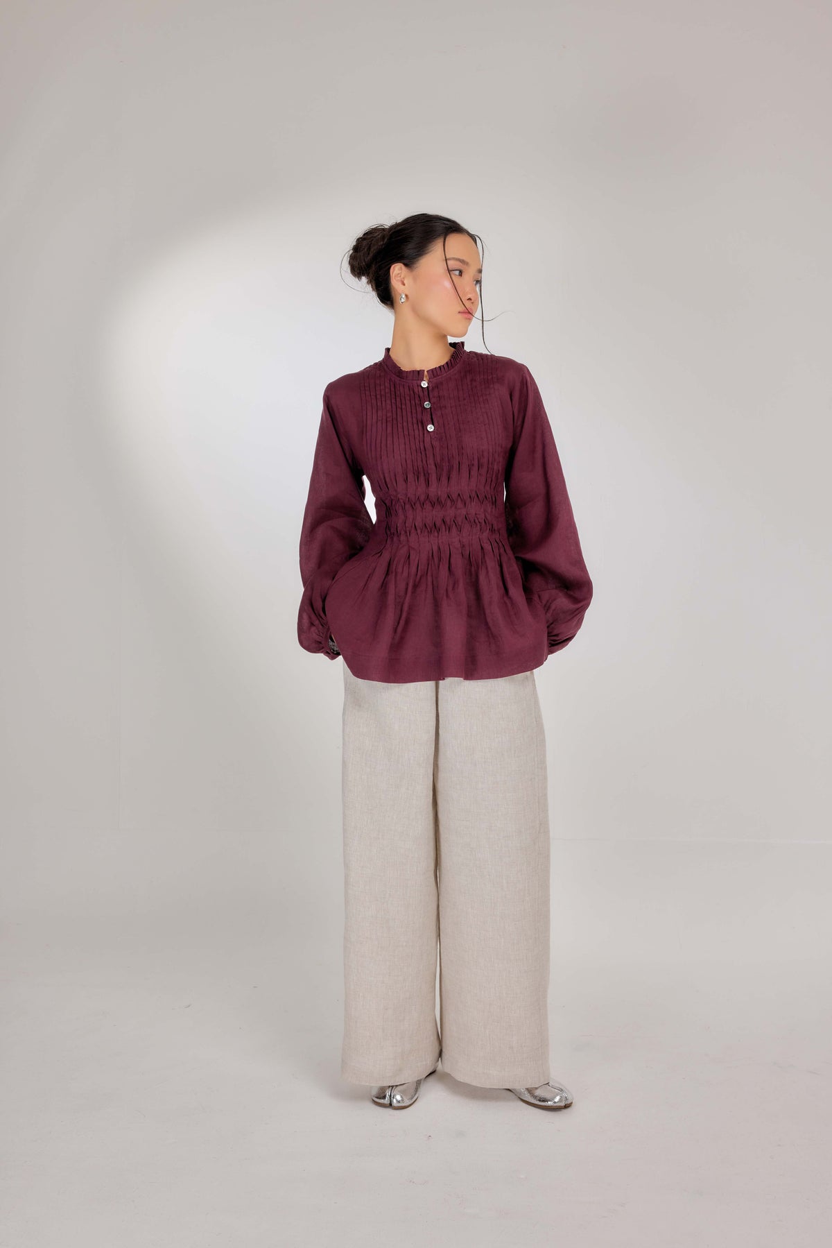 10 - Memento Pleated Lace-Up Pure Linen Top in Vintage Berry