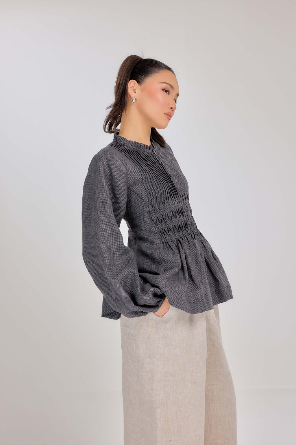 20 - Memento Pleated Lace-Up Micro-Check Pure Linen Top in Tahitian