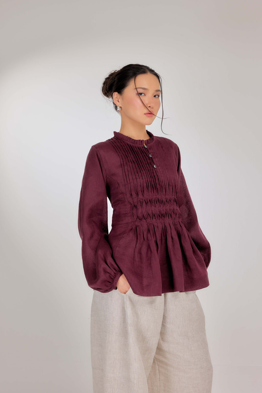10 - Memento Pleated Lace-Up Pure Linen Top in Vintage Berry