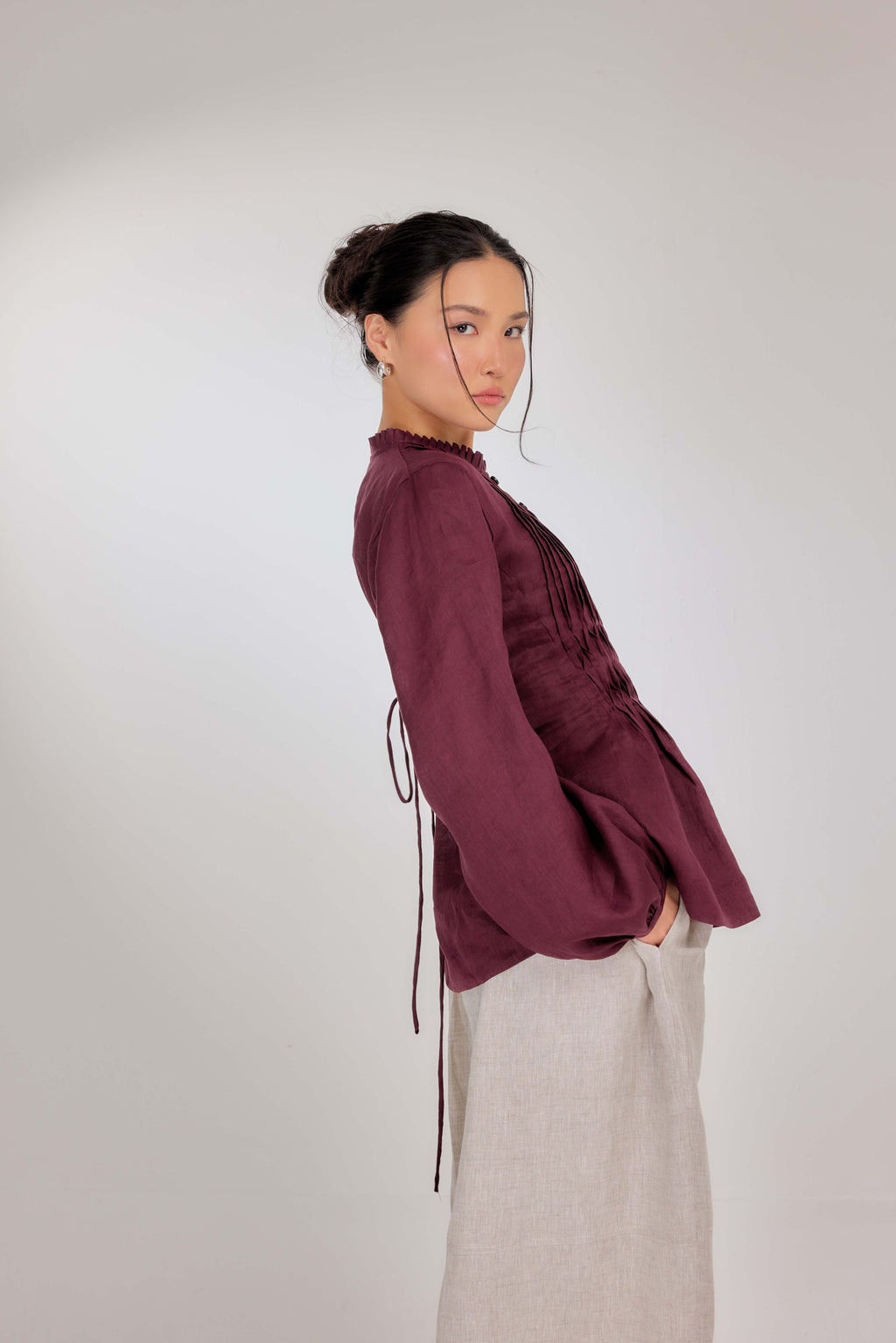 10 - Memento Pleated Lace-Up Pure Linen Top in Vintage Berry