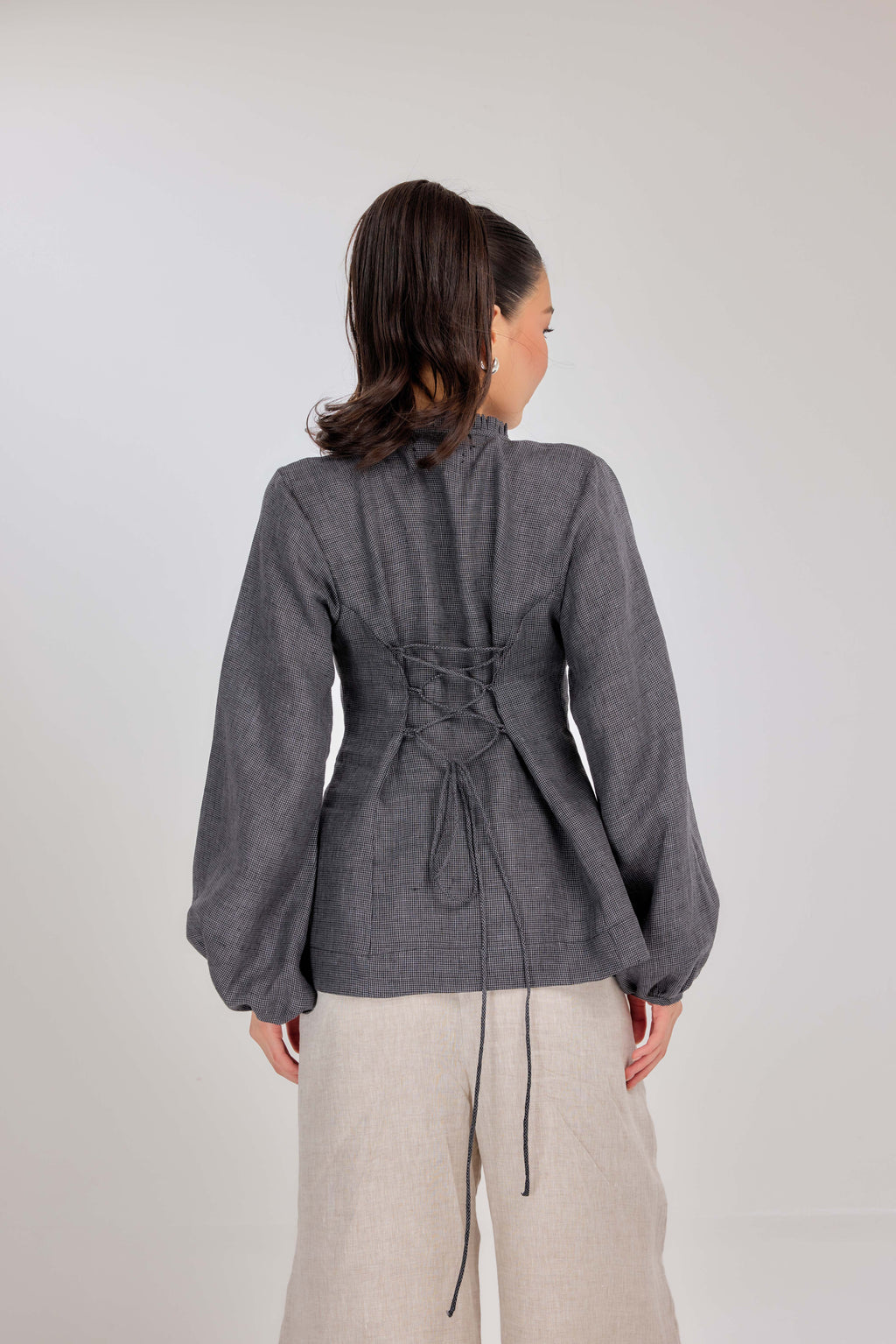 20 - Memento Pleated Lace-Up Micro-Check Pure Linen Top in Tahitian