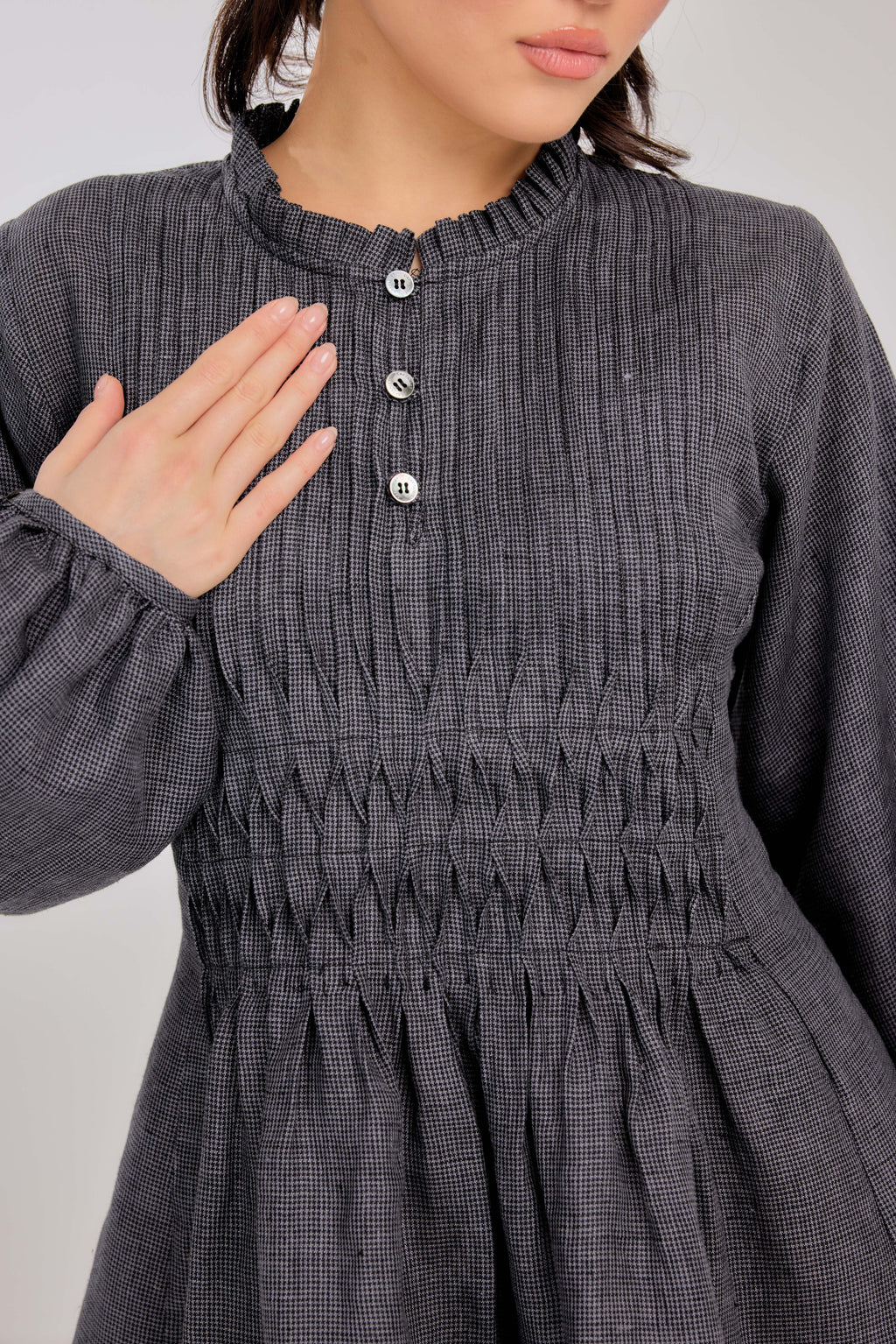 20 - Memento Pleated Lace-Up Micro-Check Pure Linen Top in Tahitian