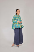 01 - The Heirloom Wave-Pleated Pure Linen Blouse in Morning Lagoon Plaid