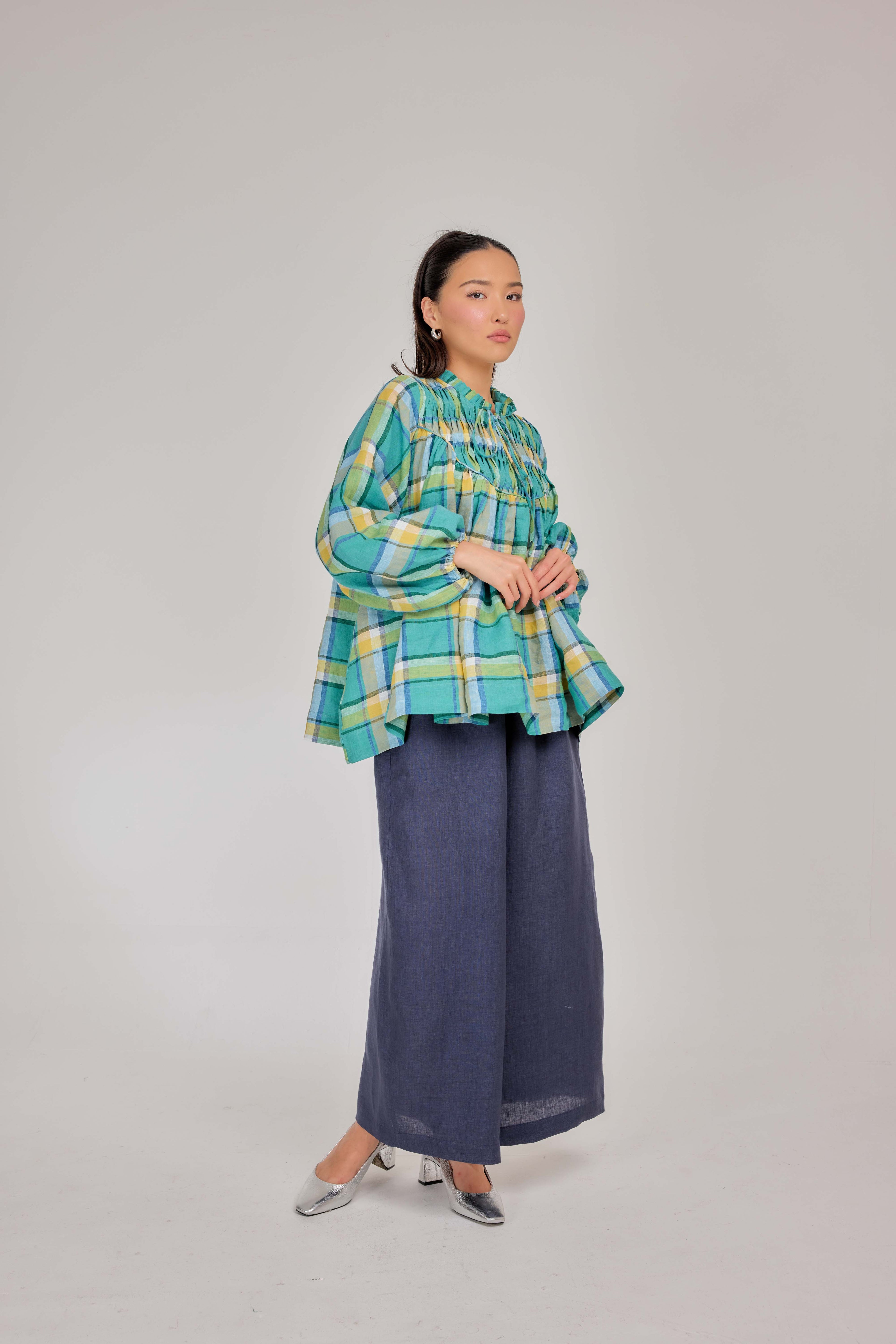 01 - The Heirloom Wave-Pleated Pure Linen Blouse in Morning Lagoon Plaid