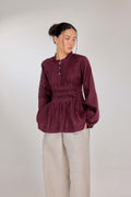 10 - Memento Pleated Lace-Up Pure Linen Top in Vintage Berry