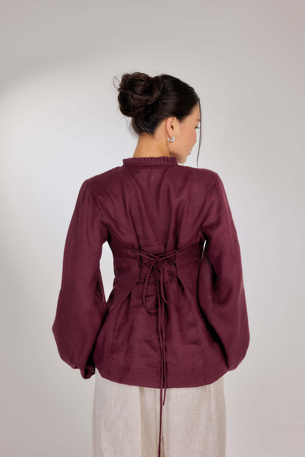 10 - Memento Pleated Lace-Up Pure Linen Top in Vintage Berry